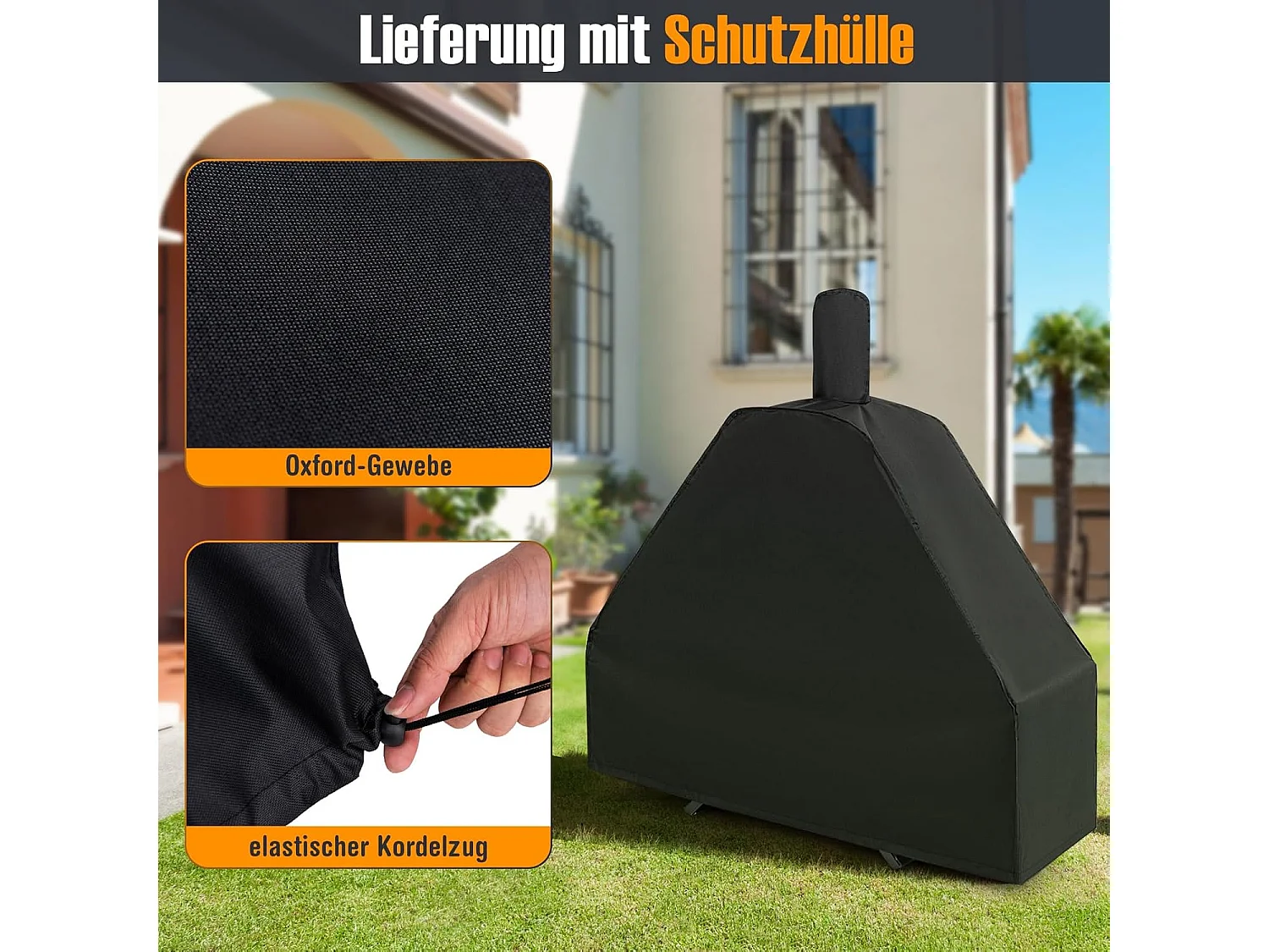 Pizzaoven Outdoor, Pizzaoven met zijplateaus, grillrooster van roestvrij staal, incl. 30,5 cm pizzasteen, waterdichte afdekking, pizzaschep, voor tuin, camping