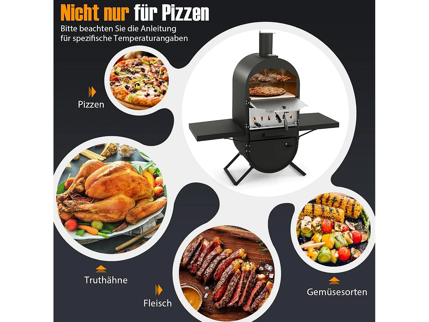 Pizzaoven Outdoor, Pizzaoven met zijplateaus, grillrooster van roestvrij staal, incl. 30,5 cm pizzasteen, waterdichte afdekking, pizzaschep, voor tuin, camping