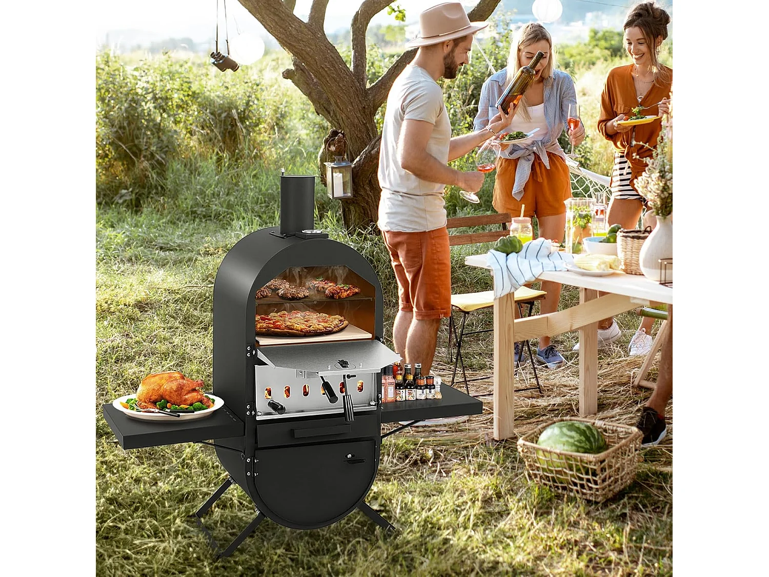 Pizzaoven Outdoor, Pizzaoven met zijplateaus, grillrooster van roestvrij staal, incl. 30,5 cm pizzasteen, waterdichte afdekking, pizzaschep, voor tuin, camping