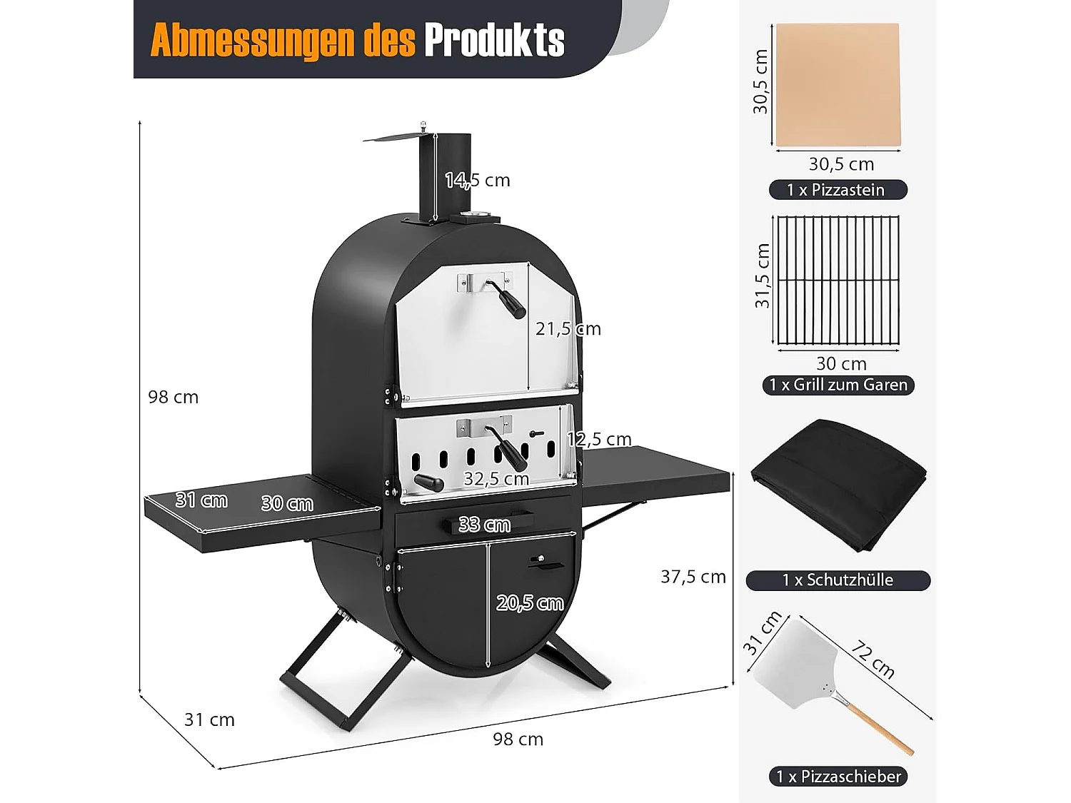 Pizzaoven Outdoor, Pizzaoven met zijplateaus, grillrooster van roestvrij staal, incl. 30,5 cm pizzasteen, waterdichte afdekking, pizzaschep, voor tuin, camping