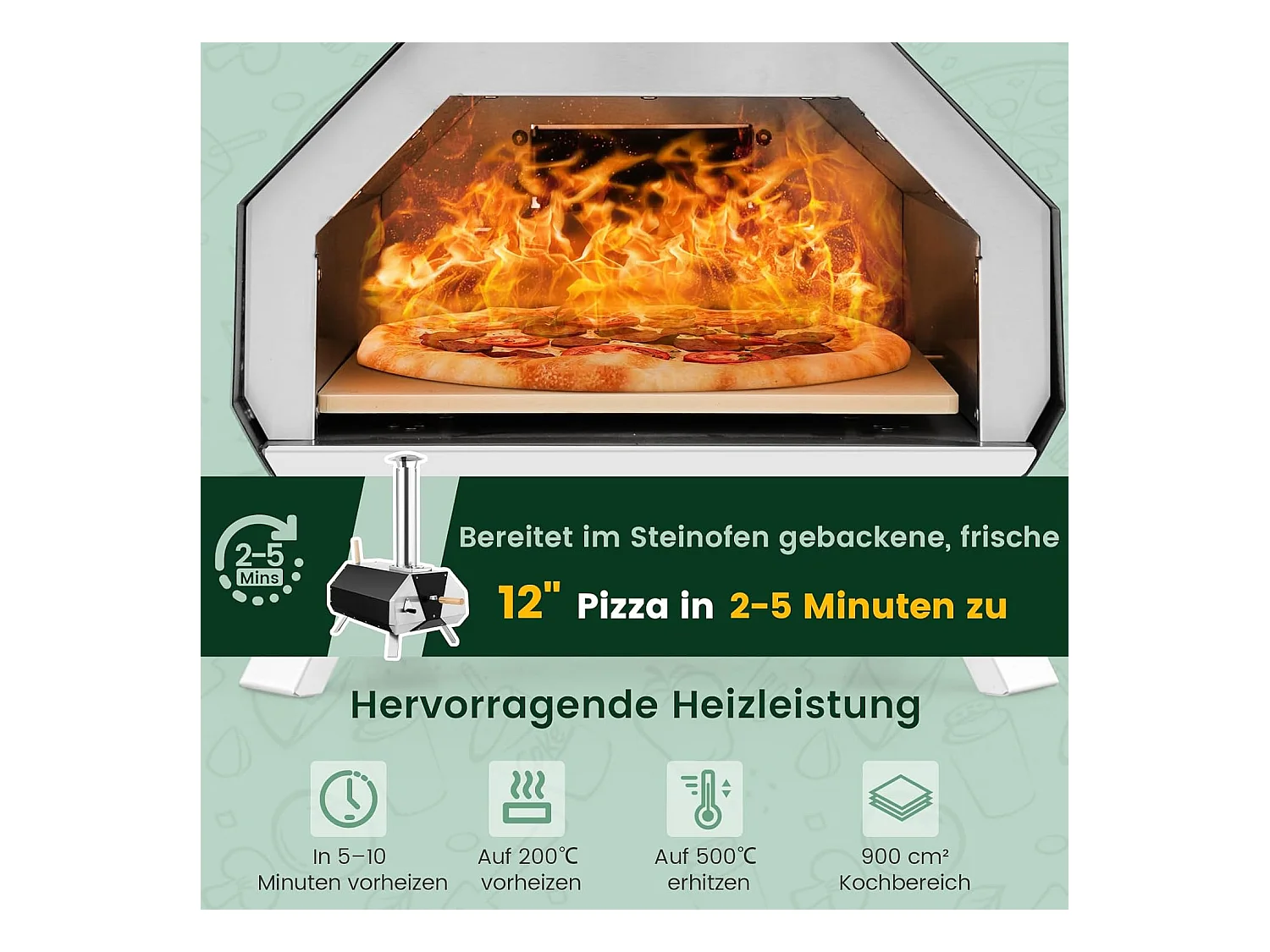 Outdoor pizzaoven, draagbare pizzaoven van roestvrij staal met pizzasteen pizzaschep, thermometer & inklapbare poten, voor picknick, feest, camping ZB32035