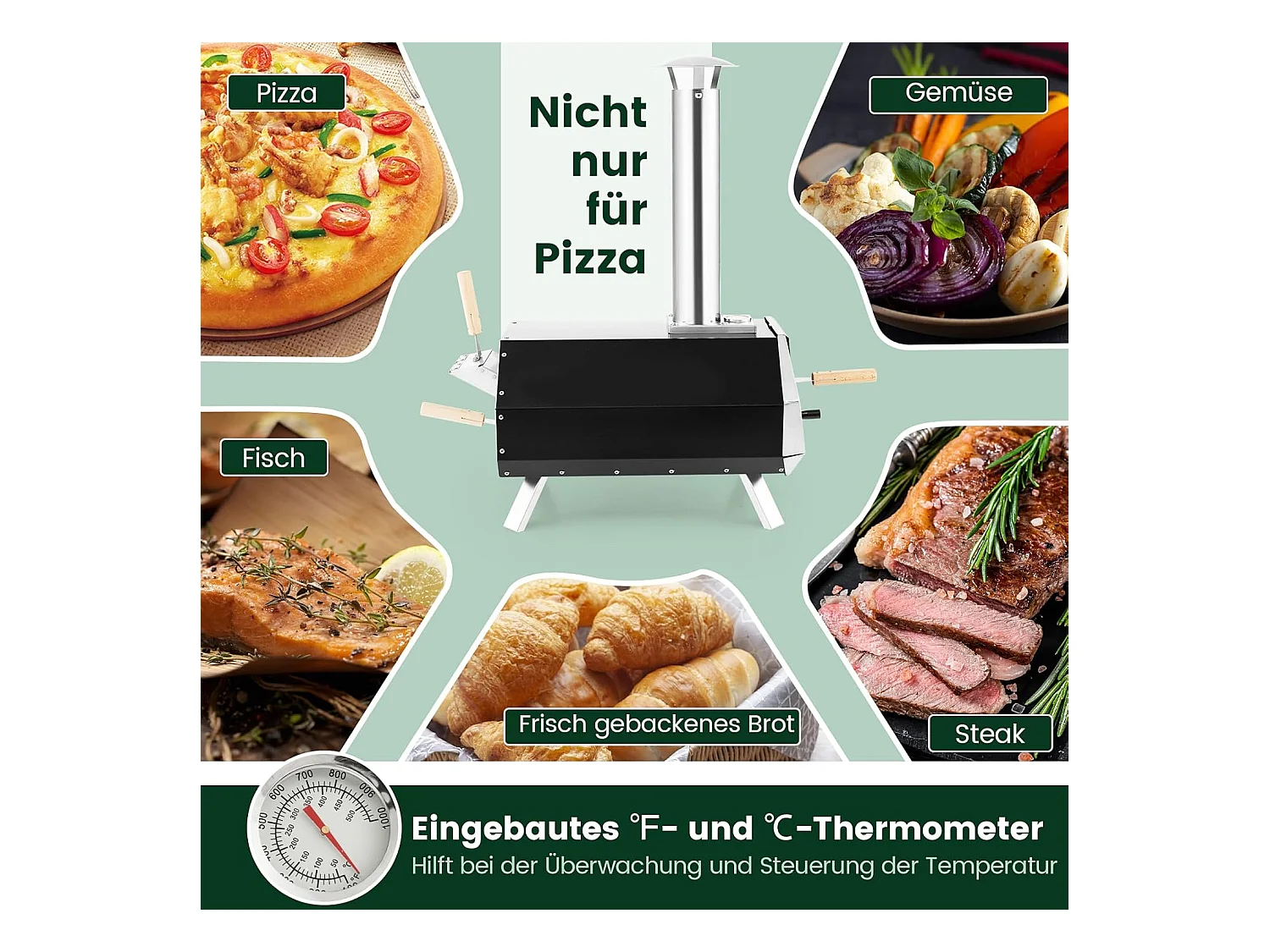 Outdoor pizzaoven, draagbare pizzaoven van roestvrij staal met pizzasteen pizzaschep, thermometer & inklapbare poten, voor picknick, feest, camping ZB32035