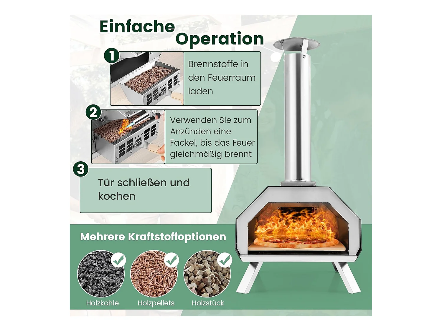 Outdoor pizzaoven, draagbare pizzaoven van roestvrij staal met pizzasteen pizzaschep, thermometer & inklapbare poten, voor picknick, feest, camping ZB32035