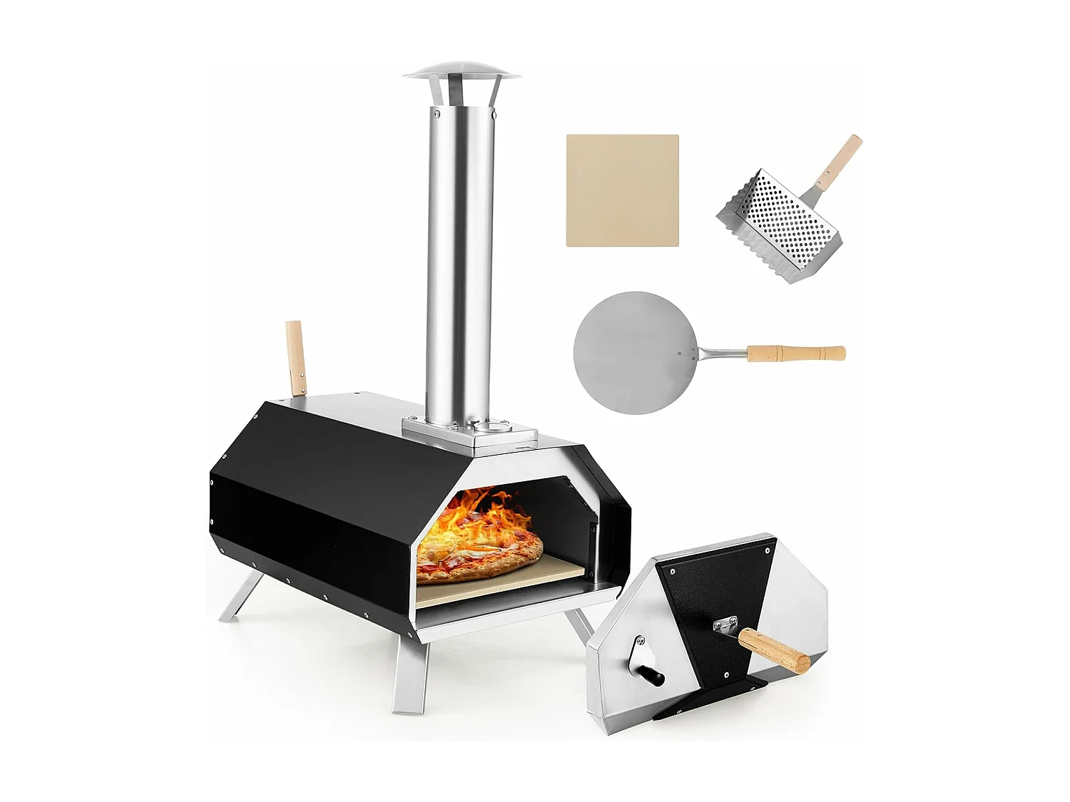Outdoor pizzaoven, draagbare pizzaoven van roestvrij staal met pizzasteen pizzaschep, thermometer & inklapbare poten, voor picknick, feest, camping ZB32035