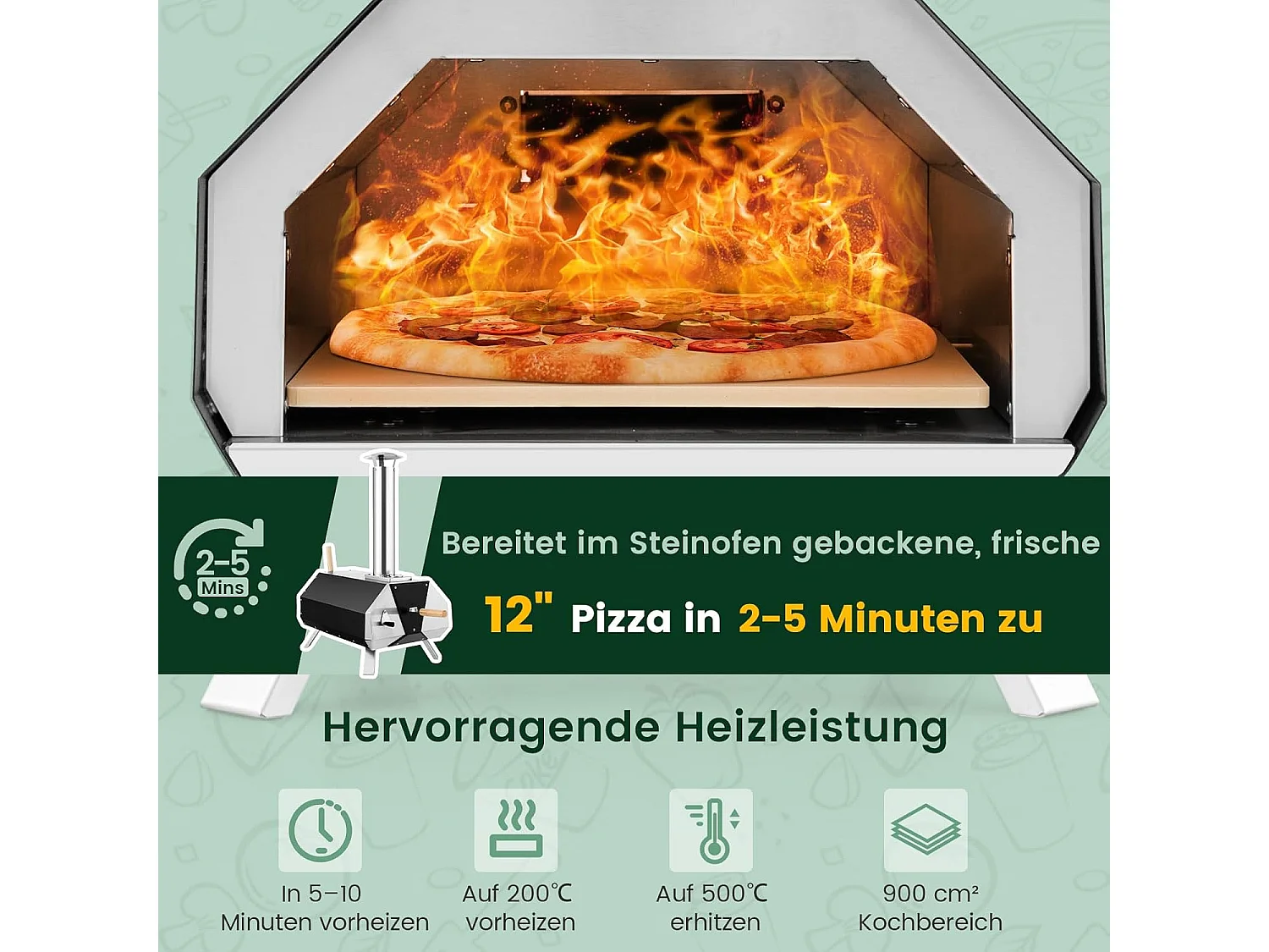Outdoor pizzaoven, draagbare pizzaoven van roestvrij staal met pizzasteen pizzaschep, thermometer & inklapbare poten, voor picknick, feest, camping ZB32035