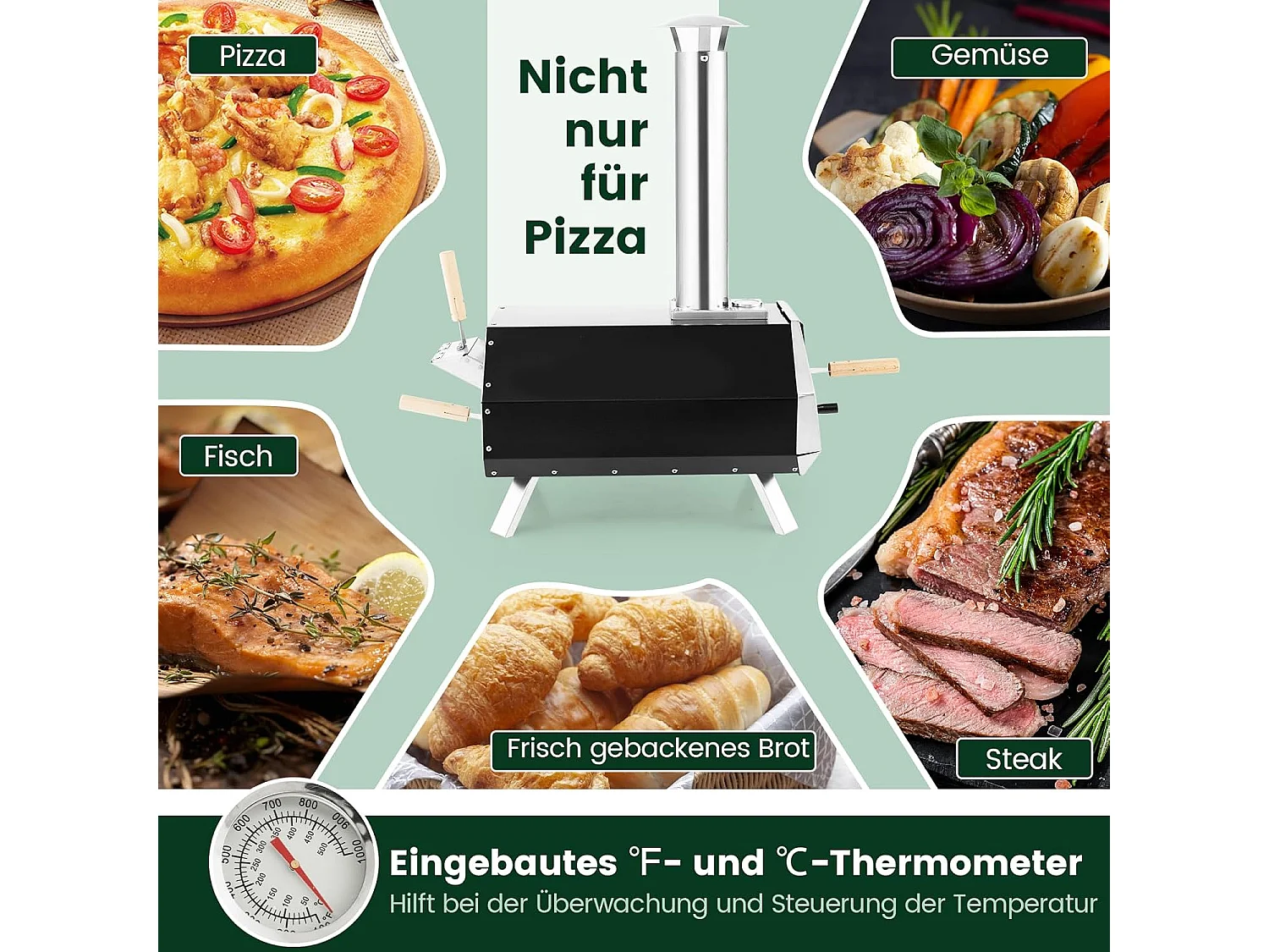 Outdoor pizzaoven, draagbare pizzaoven van roestvrij staal met pizzasteen pizzaschep, thermometer & inklapbare poten, voor picknick, feest, camping ZB32035