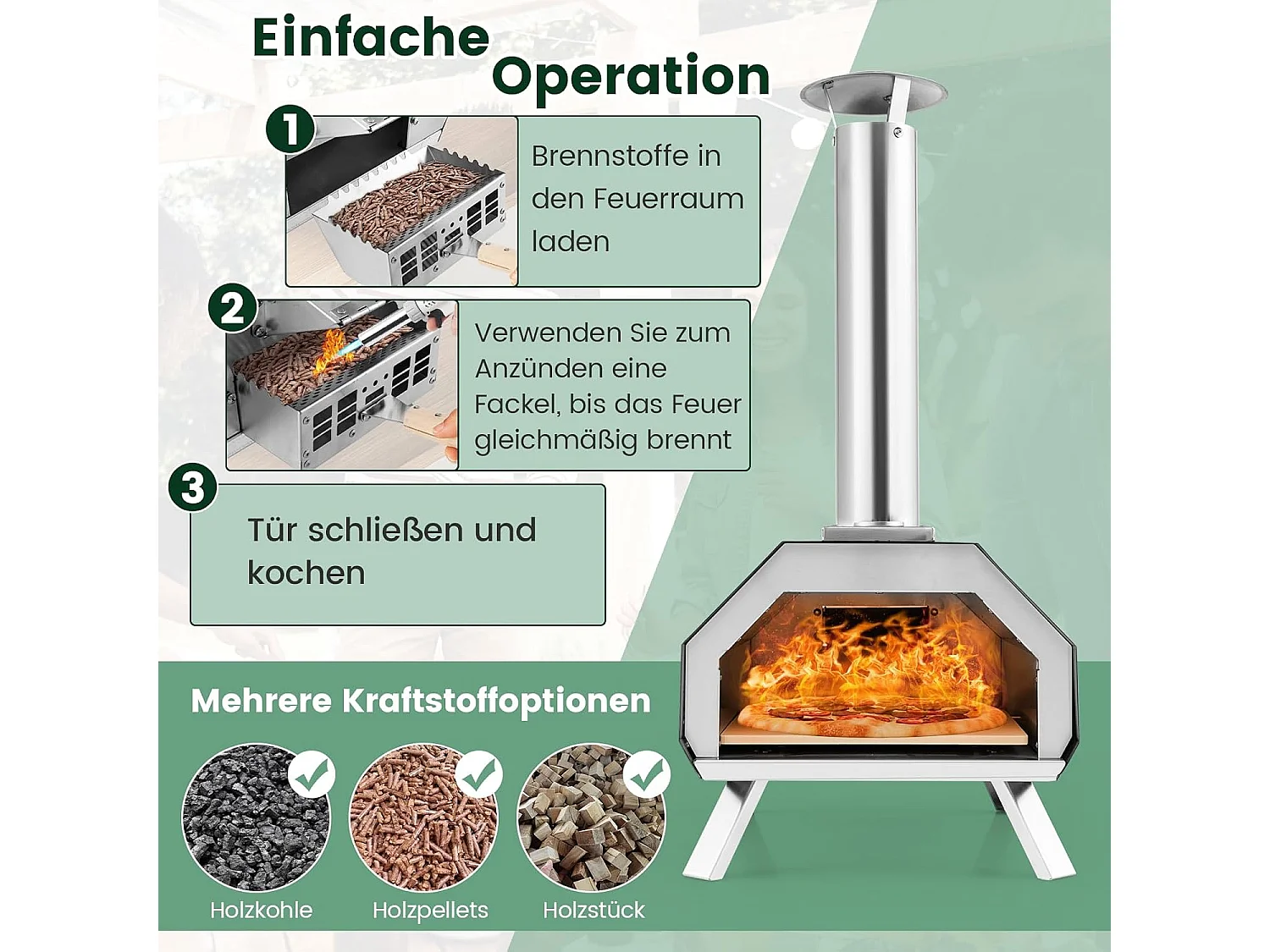 Outdoor pizzaoven, draagbare pizzaoven van roestvrij staal met pizzasteen pizzaschep, thermometer & inklapbare poten, voor picknick, feest, camping ZB32035