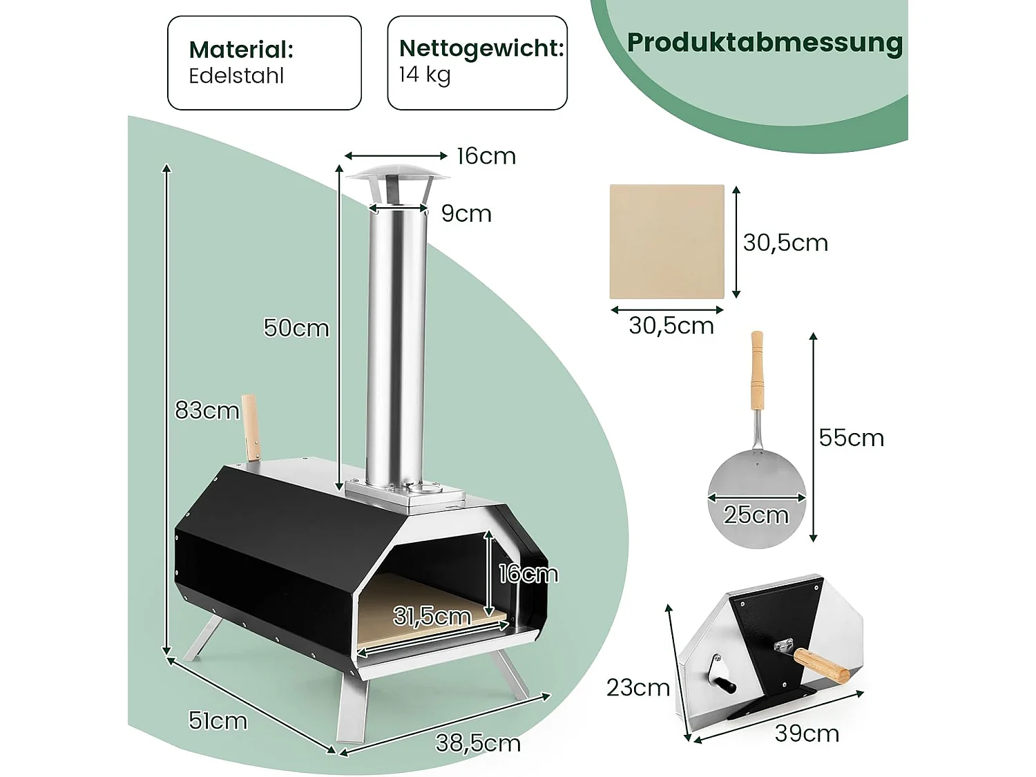 Outdoor pizzaoven, draagbare pizzaoven van roestvrij staal met pizzasteen pizzaschep, thermometer & inklapbare poten, voor picknick, feest, camping ZB32035