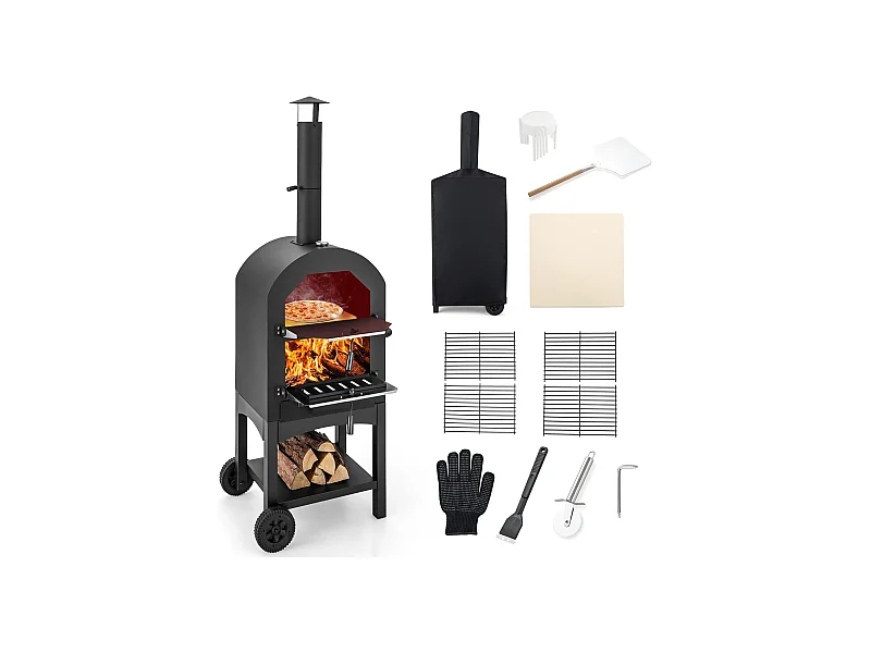 Pizzaoven voor buiten, houtgestookte pizzaoven met ingebouwde thermometer, praktische handgreep, wielen, waterdichte afdekking en asopvanglade