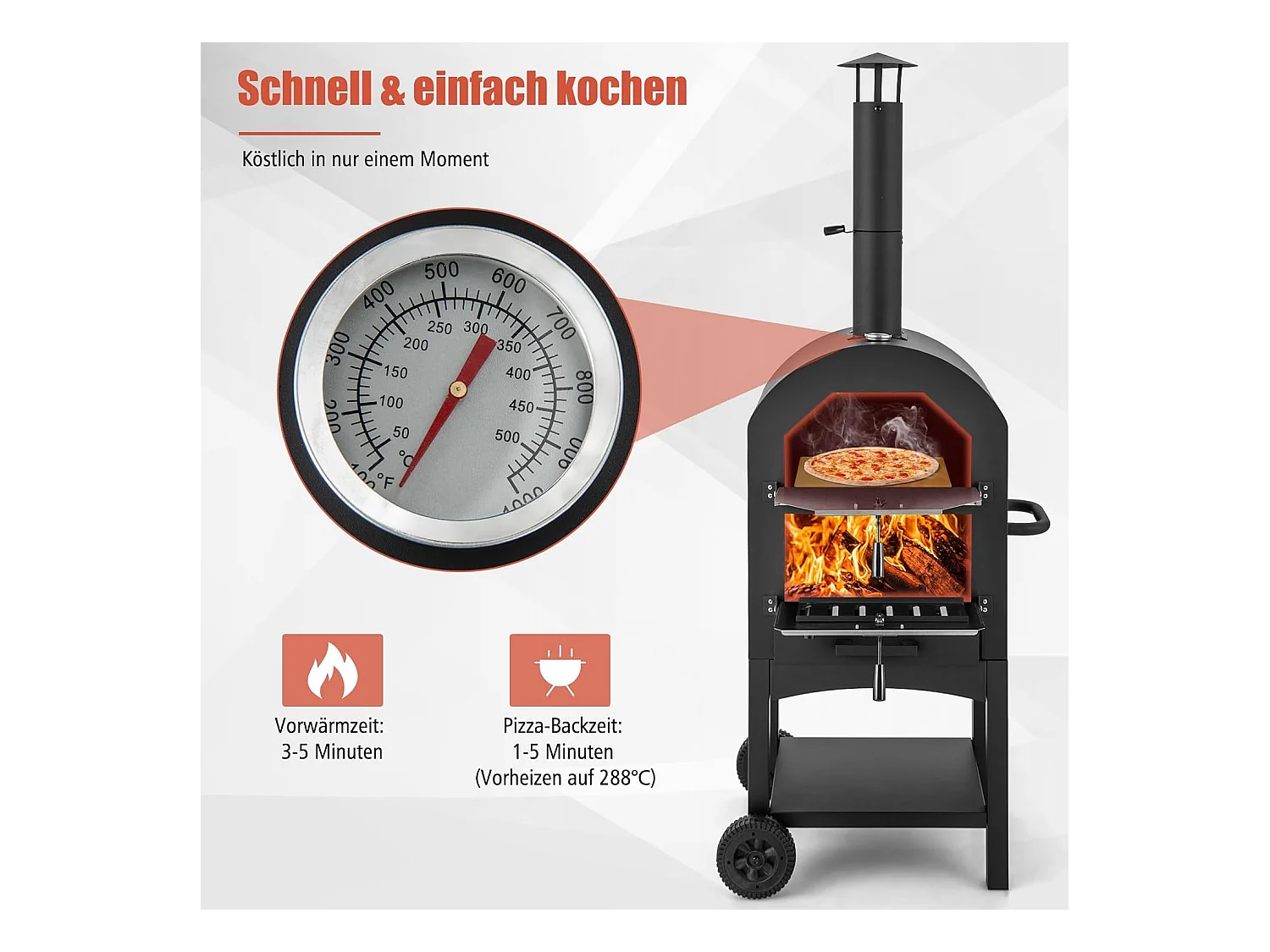 Pizzaoven voor buiten, houtgestookte pizzaoven met ingebouwde thermometer, praktische handgreep, wielen, waterdichte afdekking en asopvanglade