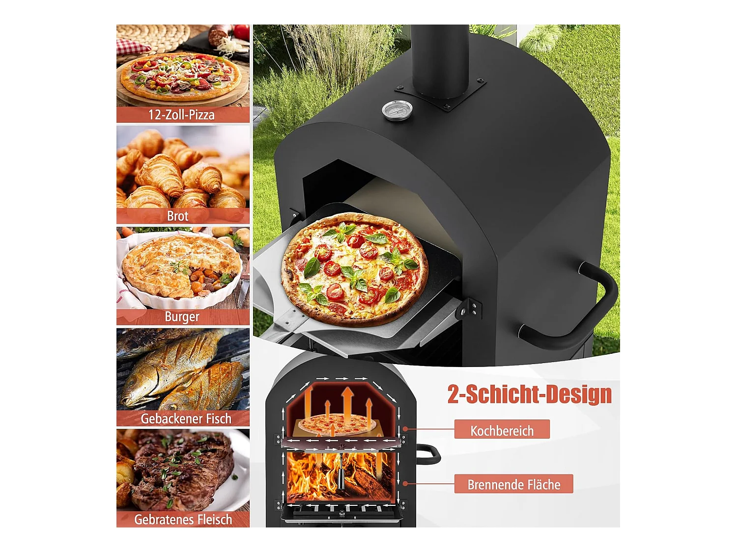 Pizzaoven voor buiten, houtgestookte pizzaoven met ingebouwde thermometer, praktische handgreep, wielen, waterdichte afdekking en asopvanglade