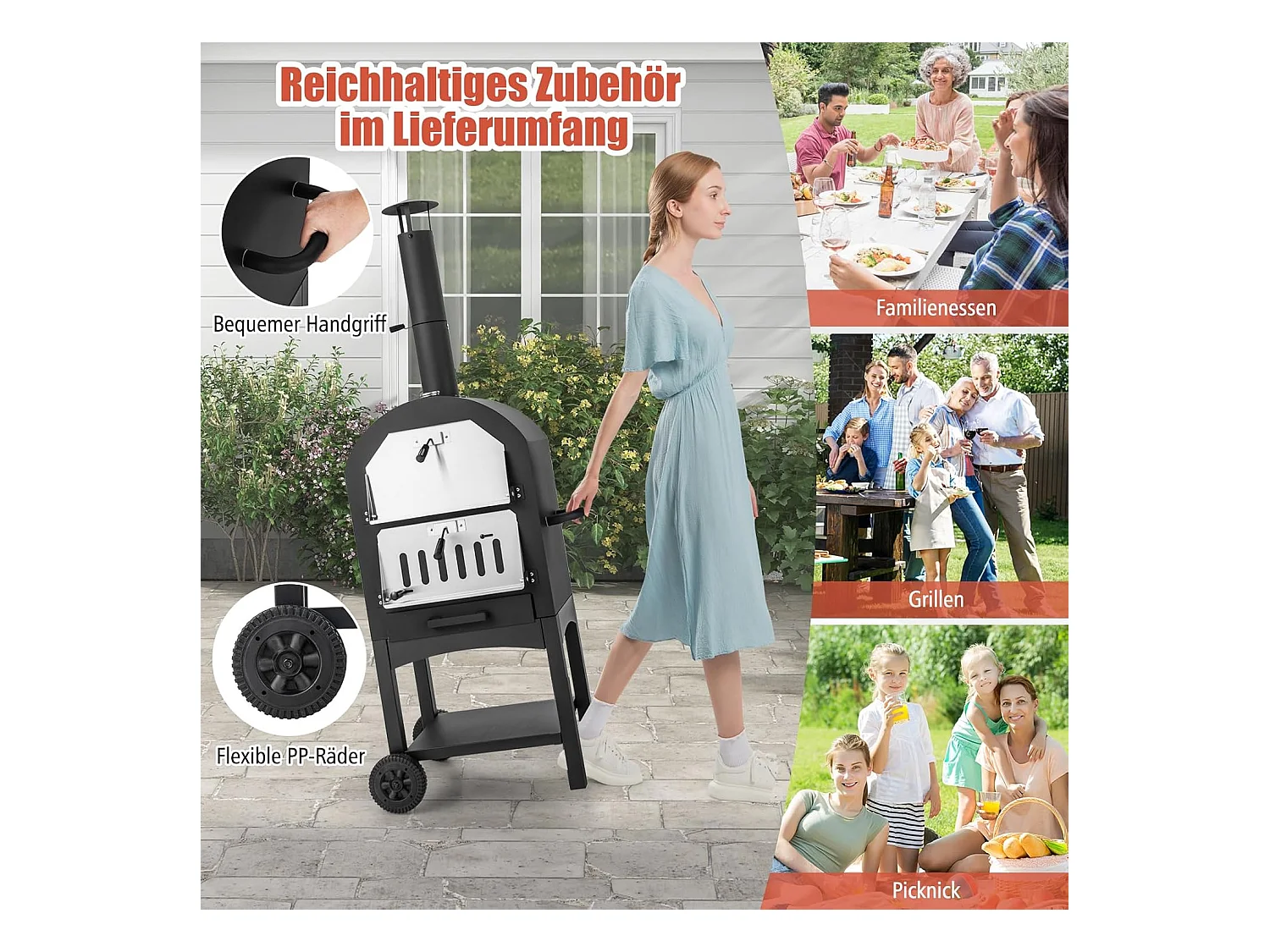 Pizzaoven voor buiten, houtgestookte pizzaoven met ingebouwde thermometer, praktische handgreep, wielen, waterdichte afdekking en asopvanglade