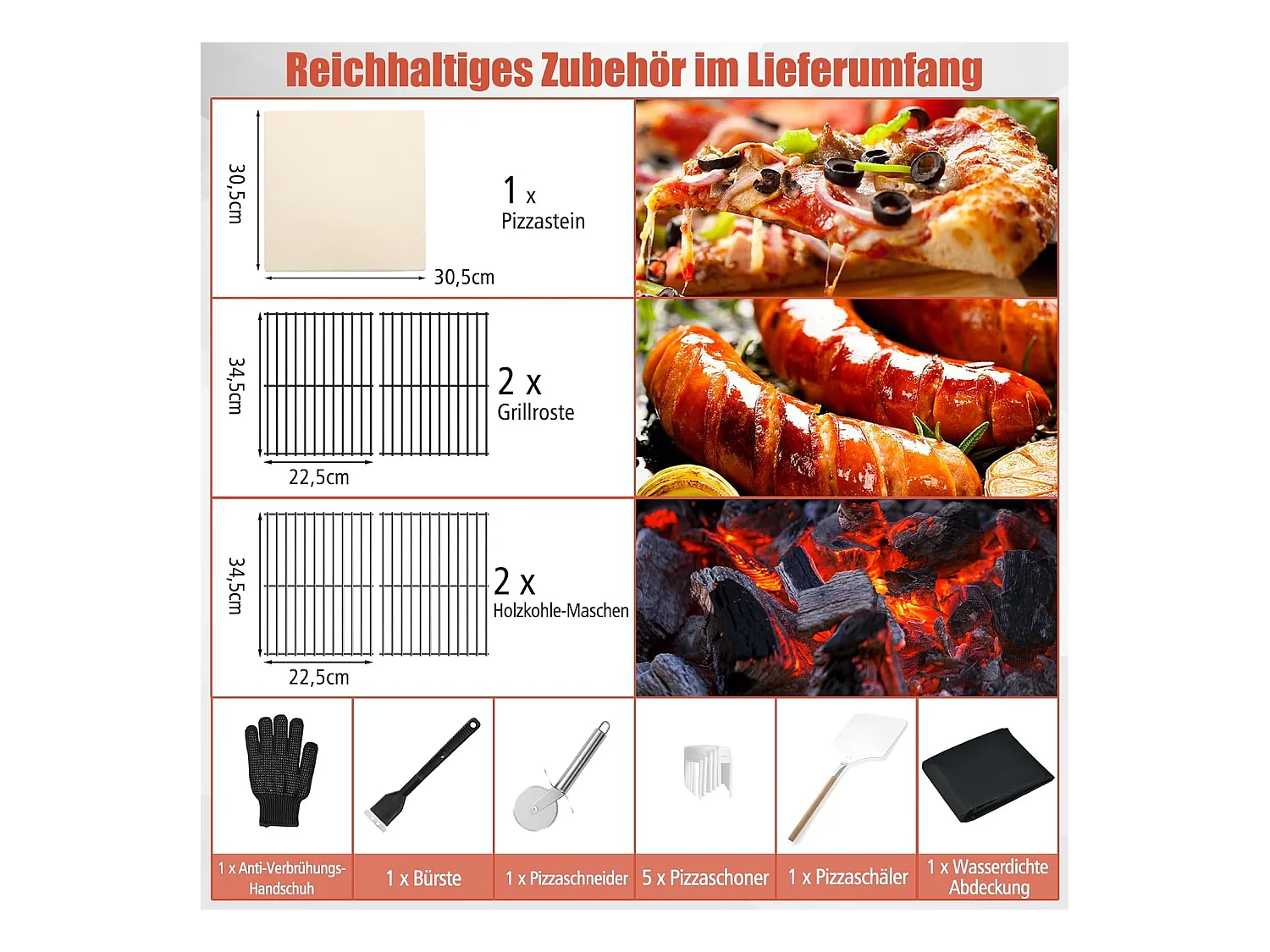 Pizzaoven voor buiten, houtgestookte pizzaoven met ingebouwde thermometer, praktische handgreep, wielen, waterdichte afdekking en asopvanglade