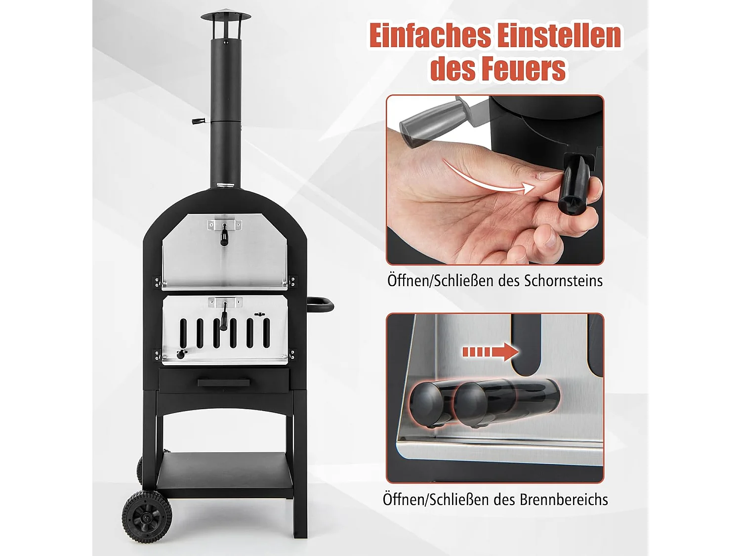 Pizzaoven voor buiten, houtgestookte pizzaoven met ingebouwde thermometer, praktische handgreep, wielen, waterdichte afdekking en asopvanglade