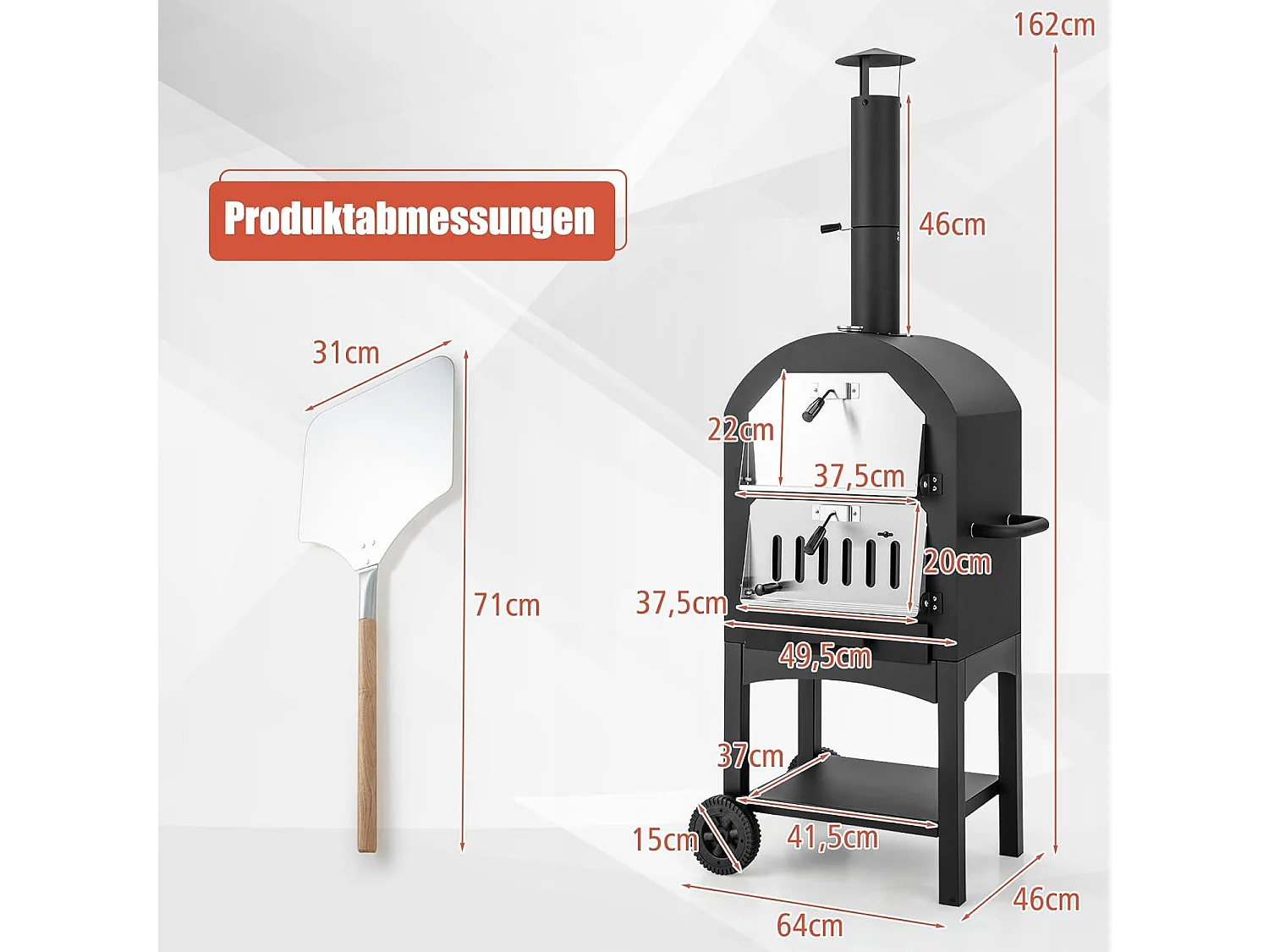 Pizzaoven voor buiten, houtgestookte pizzaoven met ingebouwde thermometer, praktische handgreep, wielen, waterdichte afdekking en asopvanglade