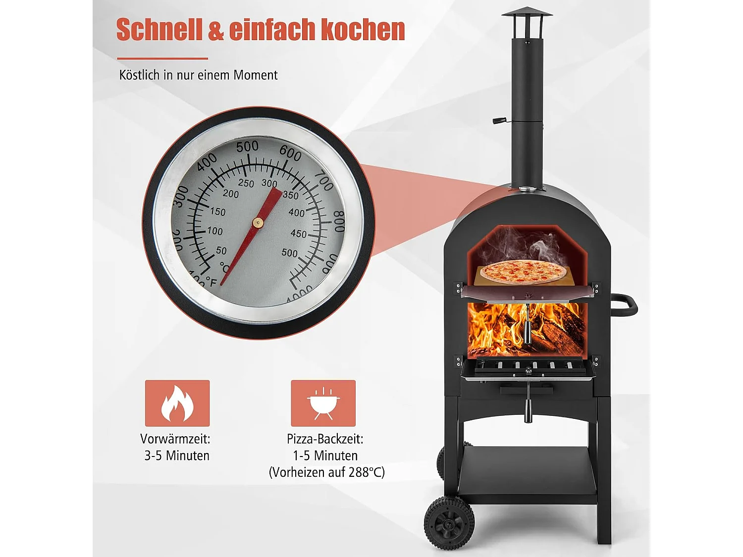 Pizzaoven voor buiten, houtgestookte pizzaoven met ingebouwde thermometer, praktische handgreep, wielen, waterdichte afdekking en asopvanglade