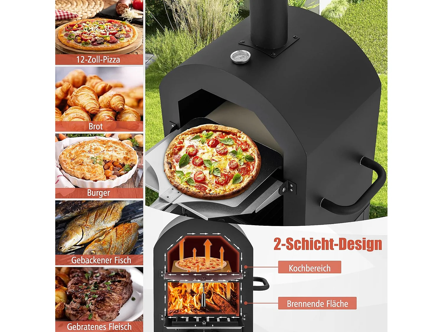 Pizzaoven voor buiten, houtgestookte pizzaoven met ingebouwde thermometer, praktische handgreep, wielen, waterdichte afdekking en asopvanglade