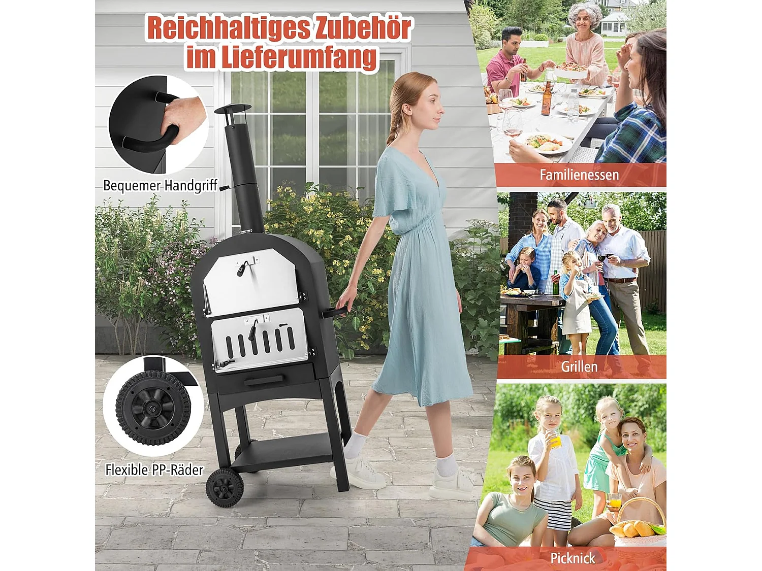 Pizzaoven voor buiten, houtgestookte pizzaoven met ingebouwde thermometer, praktische handgreep, wielen, waterdichte afdekking en asopvanglade