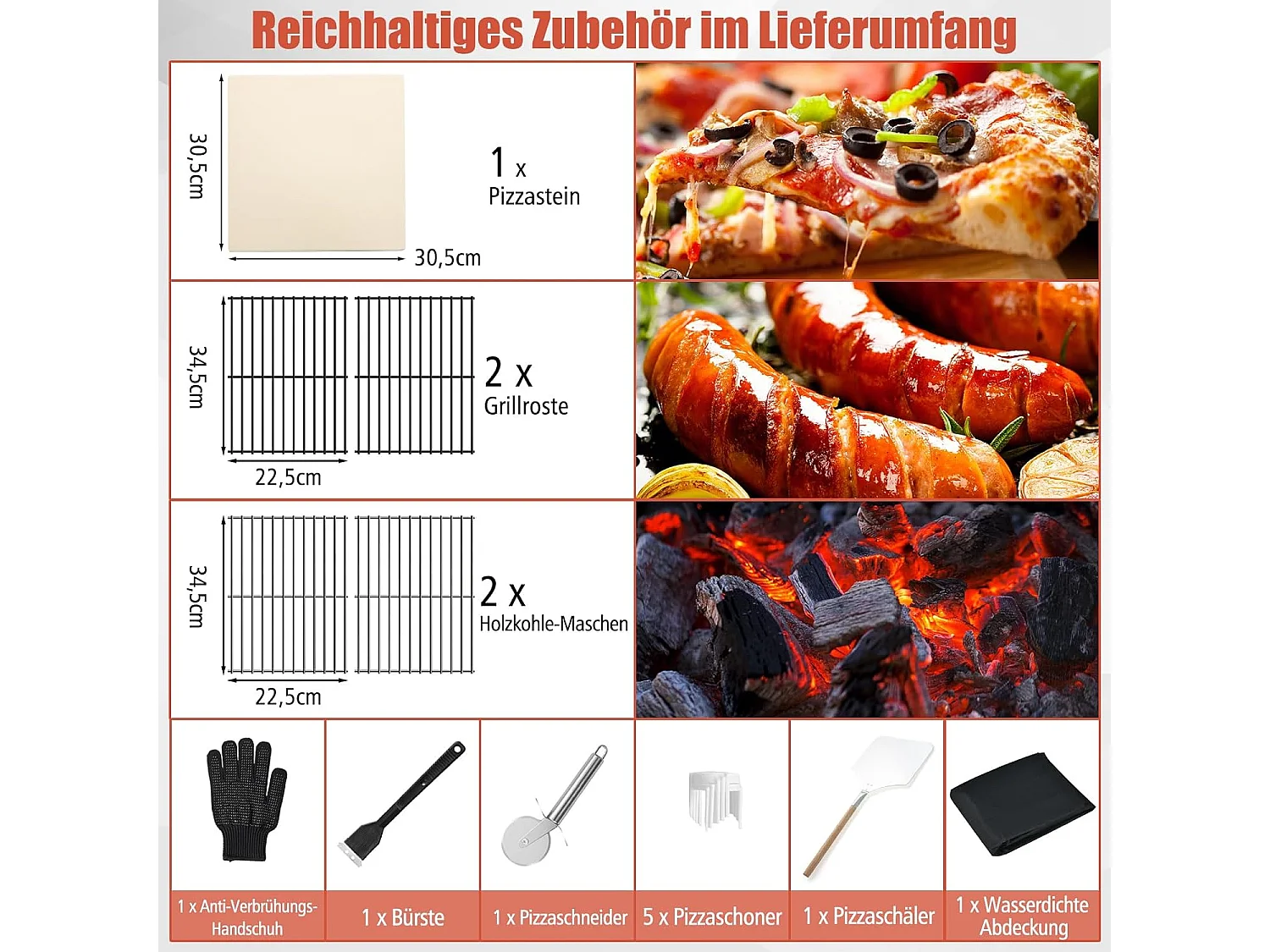 Pizzaoven voor buiten, houtgestookte pizzaoven met ingebouwde thermometer, praktische handgreep, wielen, waterdichte afdekking en asopvanglade