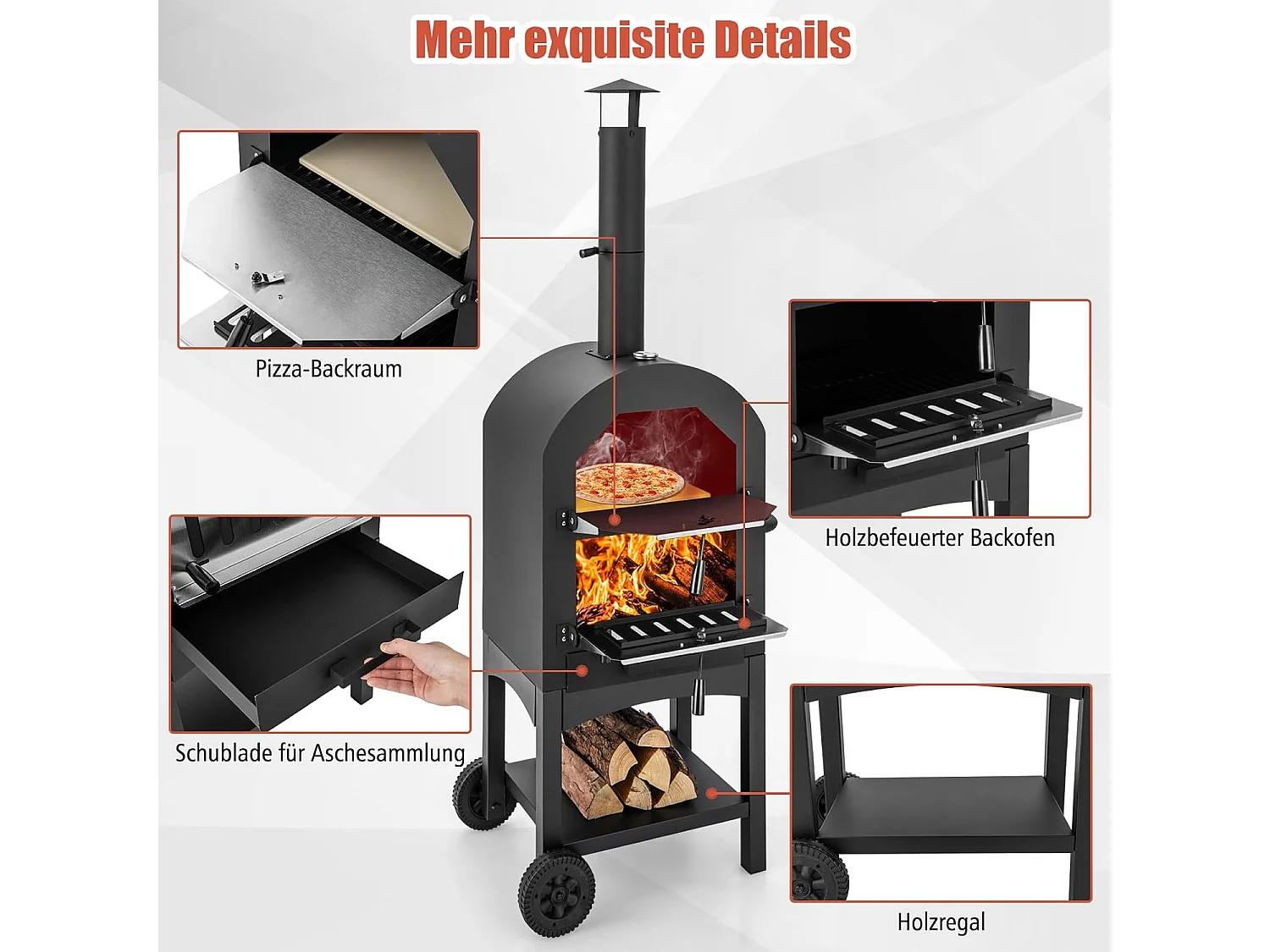 Pizzaoven voor buiten, houtgestookte pizzaoven met ingebouwde thermometer, praktische handgreep, wielen, waterdichte afdekking en asopvanglade