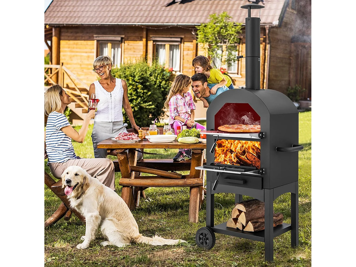 Pizzaoven voor buiten, houtgestookte pizzaoven met ingebouwde thermometer, praktische handgreep, wielen, waterdichte afdekking en asopvanglade