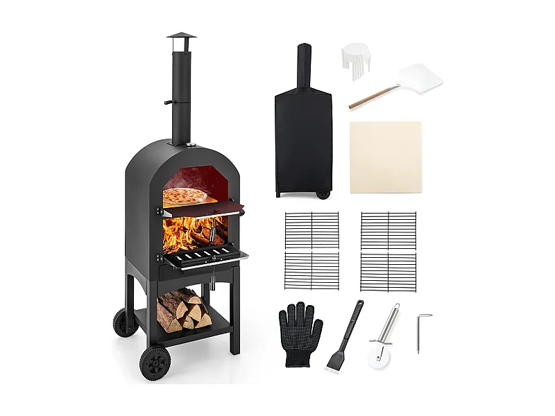 Pizzaoven voor buiten, houtgestookte pizzaoven met ingebouwde thermometer, praktische handgreep, wielen, waterdichte afdekking en asopvanglade