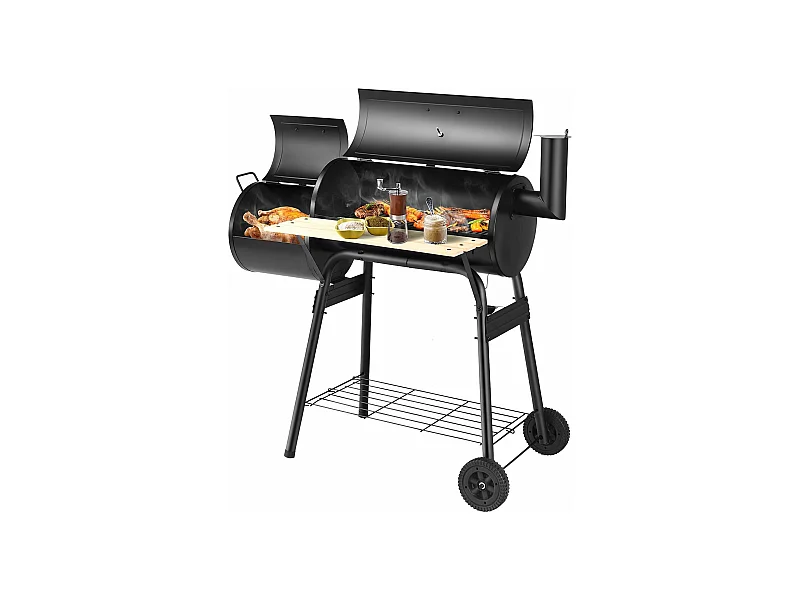 Houtskoolgrill met deksel, grillwagen met wielen, zijvuurbox, zijtafel, plank, houten handgrepen, thermometer, houtskoolgrill voor camping, terras, tuin