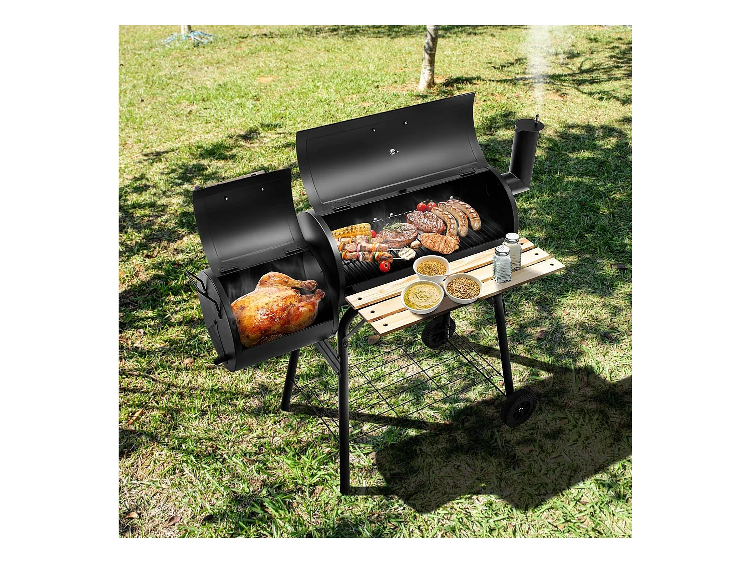 Houtskoolgrill met deksel, grillwagen met wielen, zijvuurbox, zijtafel, plank, houten handgrepen, thermometer, houtskoolgrill voor camping, terras, tuin