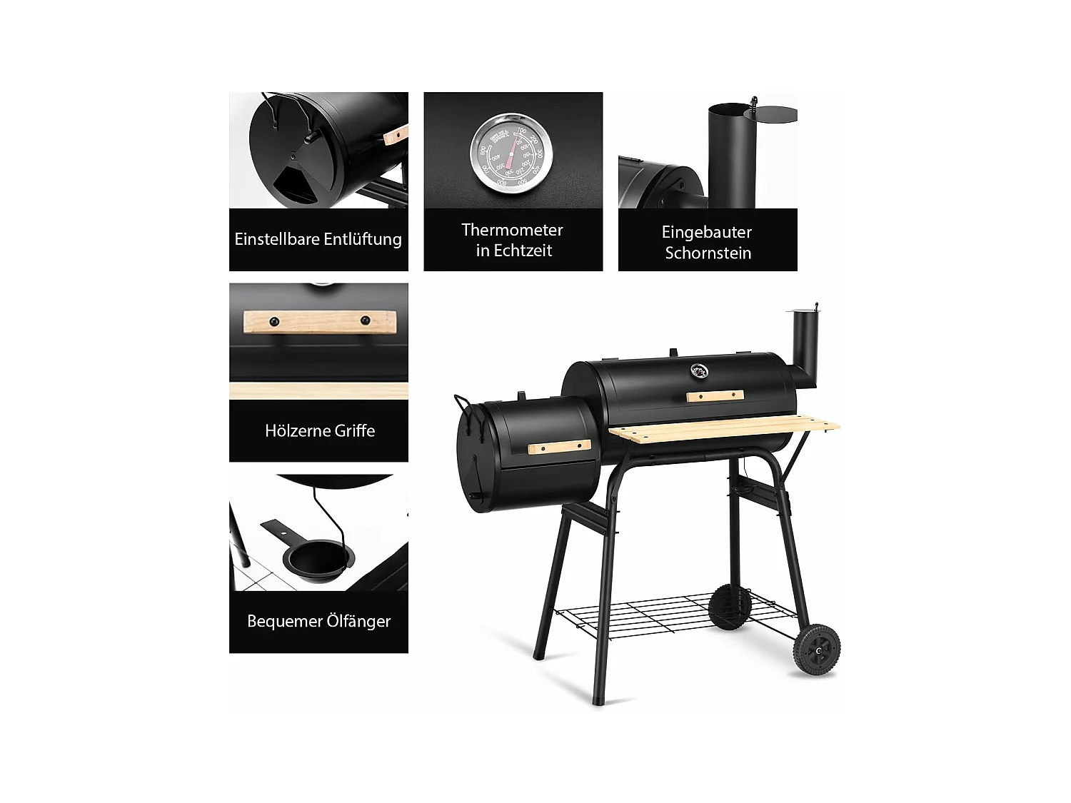 Houtskoolgrill met deksel, grillwagen met wielen, zijvuurbox, zijtafel, plank, houten handgrepen, thermometer, houtskoolgrill voor camping, terras, tuin
