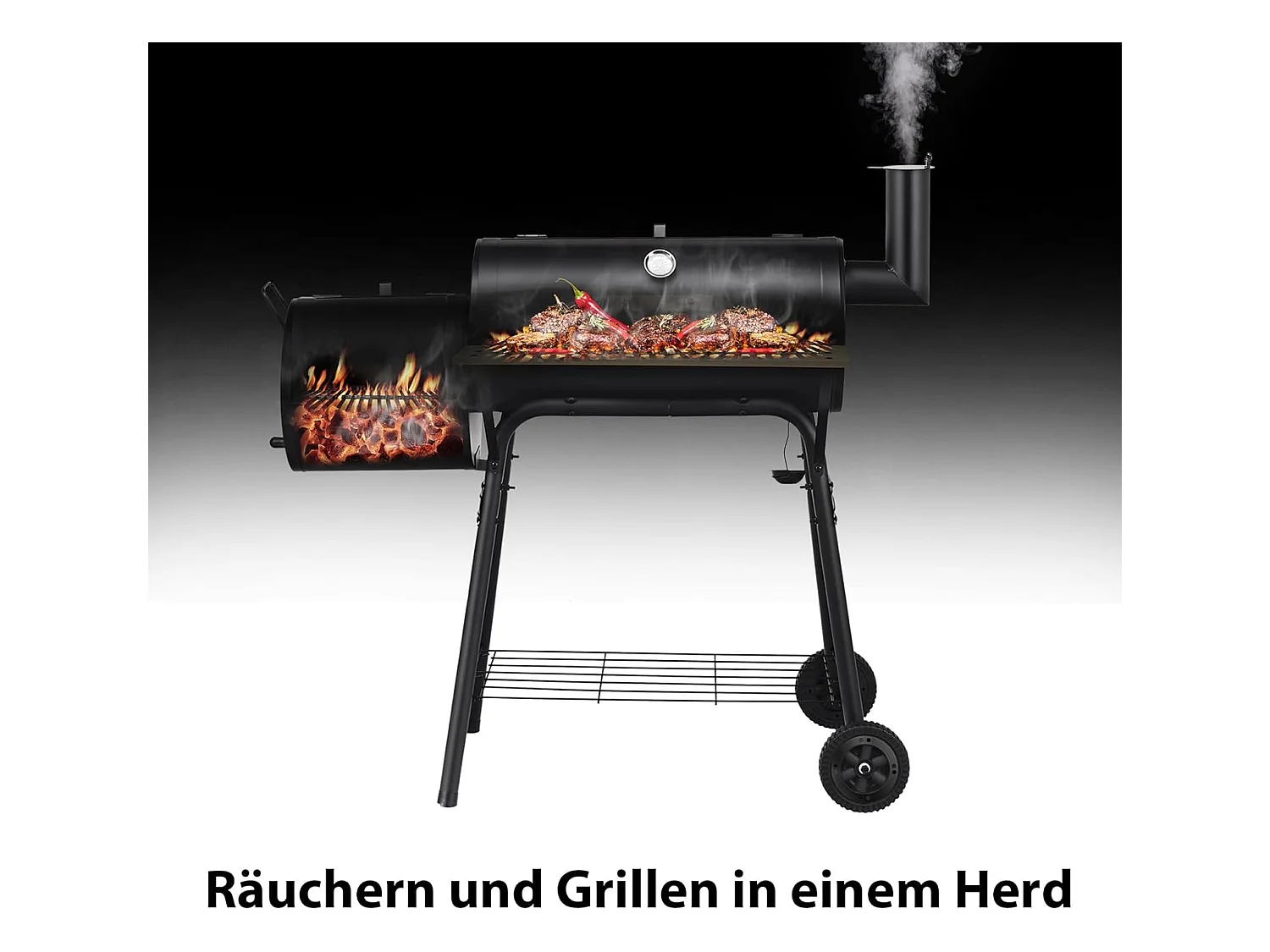 Houtskoolgrill met deksel, grillwagen met wielen, zijvuurbox, zijtafel, plank, houten handgrepen, thermometer, houtskoolgrill voor camping, terras, tuin