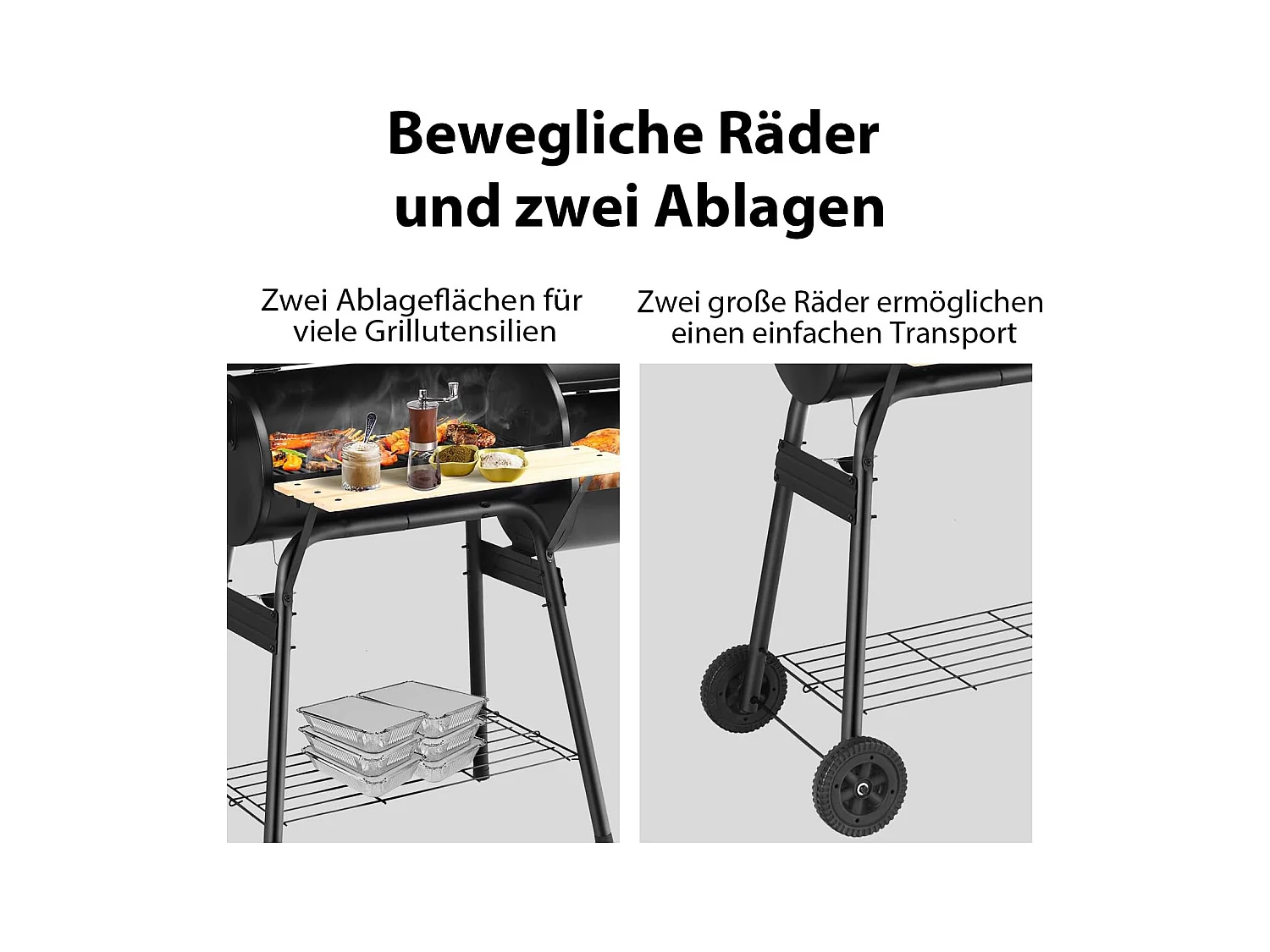 Houtskoolgrill met deksel, grillwagen met wielen, zijvuurbox, zijtafel, plank, houten handgrepen, thermometer, houtskoolgrill voor camping, terras, tuin