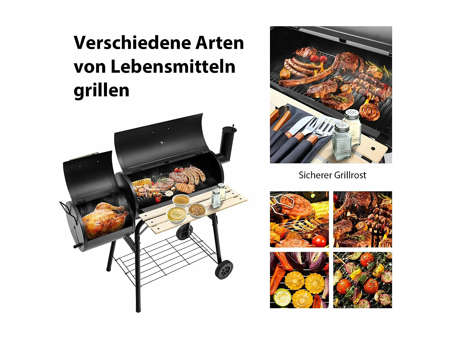 Houtskoolgrill met deksel, grillwagen met wielen, zijvuurbox, zijtafel, plank, houten handgrepen, thermometer, houtskoolgrill voor camping, terras, tuin