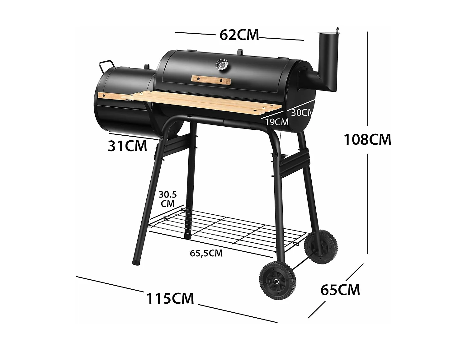 Houtskoolgrill met deksel, grillwagen met wielen, zijvuurbox, zijtafel, plank, houten handgrepen, thermometer, houtskoolgrill voor camping, terras, tuin