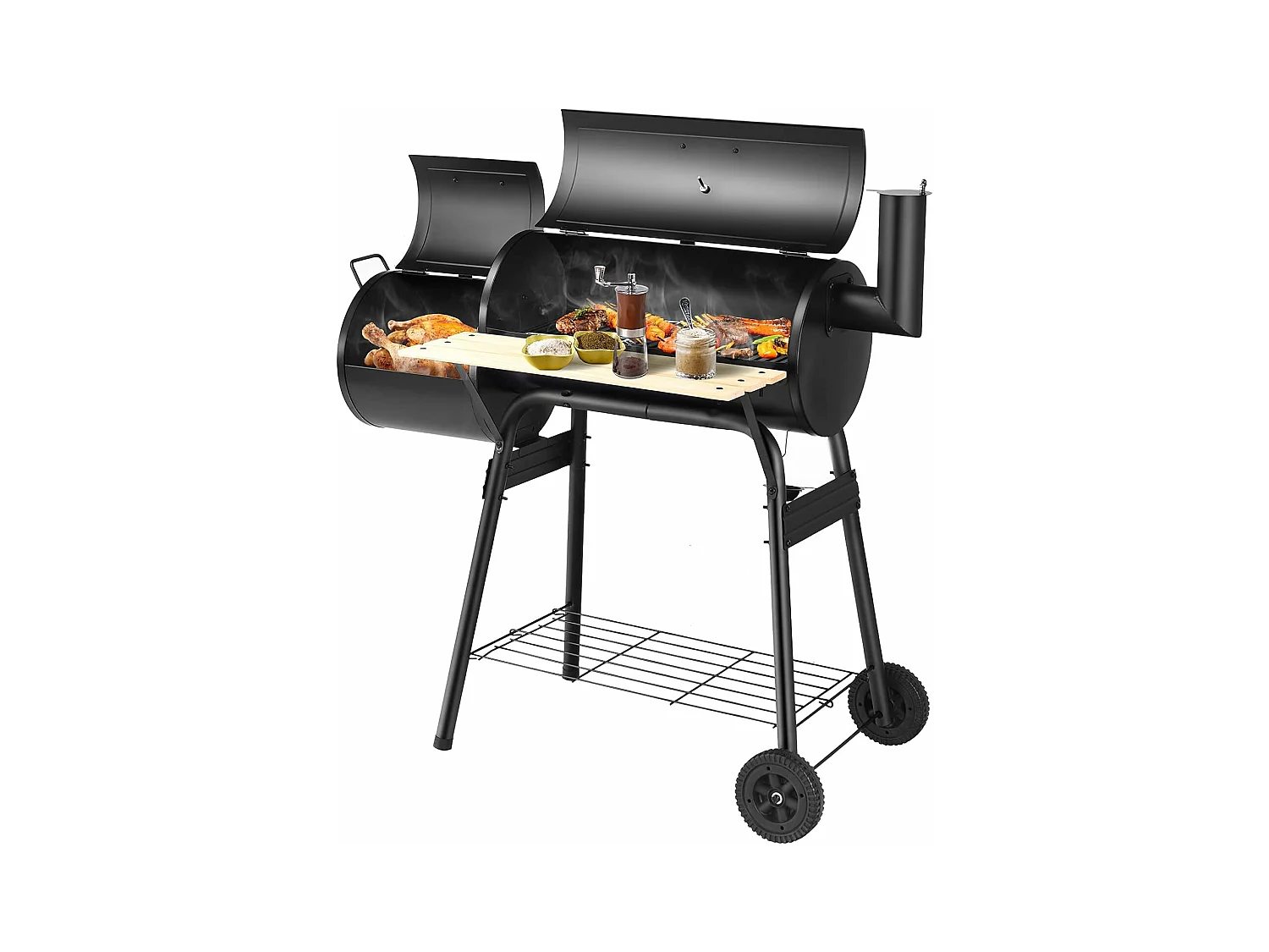 Houtskoolgrill met deksel, grillwagen met wielen, zijvuurbox, zijtafel, plank, houten handgrepen, thermometer, houtskoolgrill voor camping, terras, tuin