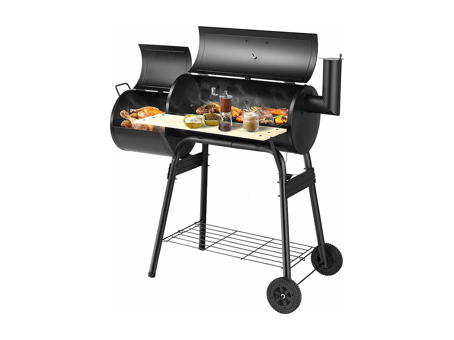 Houtskoolgrill met deksel, grillwagen met wielen, zijvuurbox, zijtafel, plank, houten handgrepen, thermometer, houtskoolgrill voor camping, terras, tuin