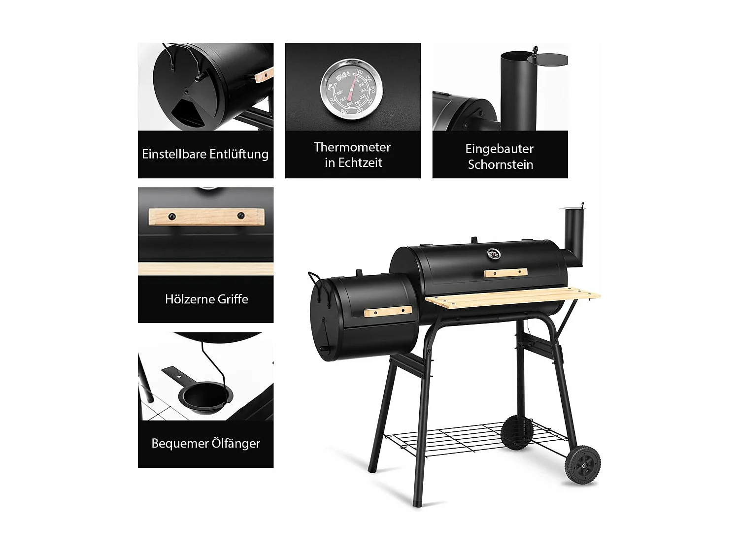Houtskoolgrill met deksel, grillwagen met wielen, zijvuurbox, zijtafel, plank, houten handgrepen, thermometer, houtskoolgrill voor camping, terras, tuin