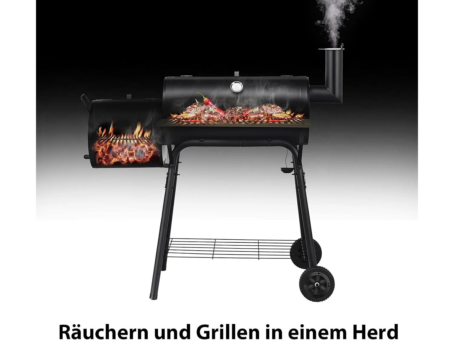 Houtskoolgrill met deksel, grillwagen met wielen, zijvuurbox, zijtafel, plank, houten handgrepen, thermometer, houtskoolgrill voor camping, terras, tuin