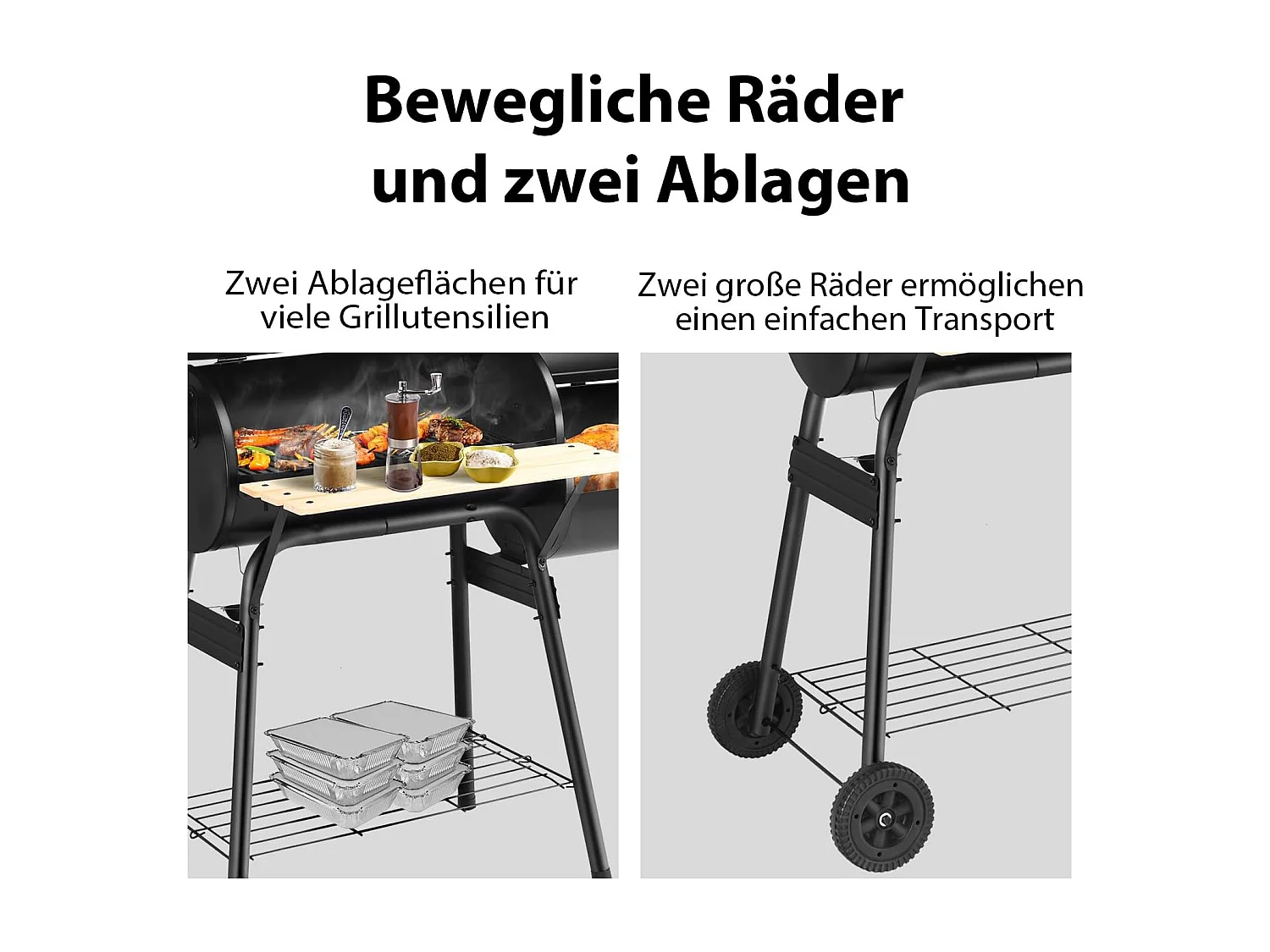 Houtskoolgrill met deksel, grillwagen met wielen, zijvuurbox, zijtafel, plank, houten handgrepen, thermometer, houtskoolgrill voor camping, terras, tuin