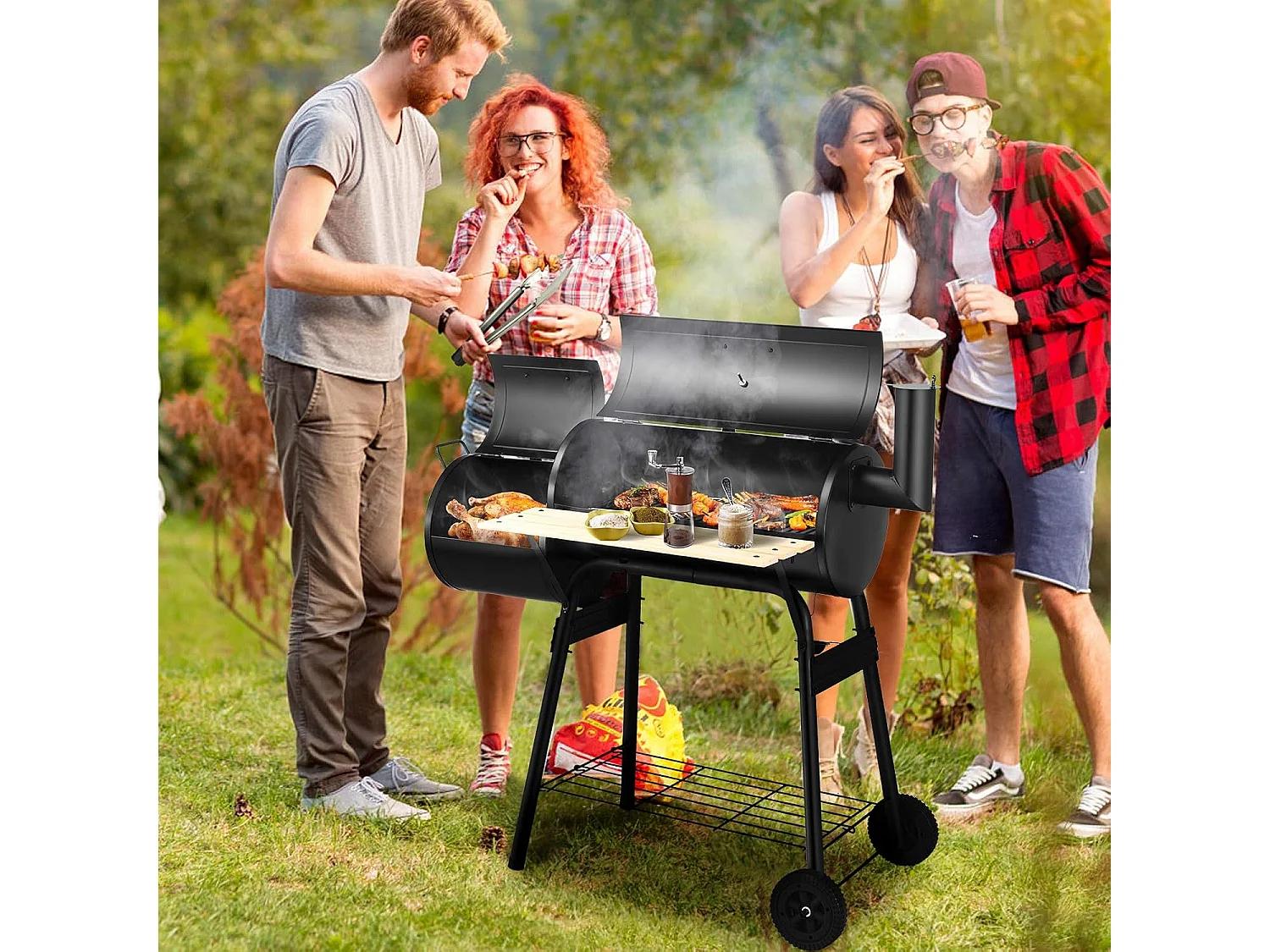 Houtskoolgrill met deksel, grillwagen met wielen, zijvuurbox, zijtafel, plank, houten handgrepen, thermometer, houtskoolgrill voor camping, terras, tuin