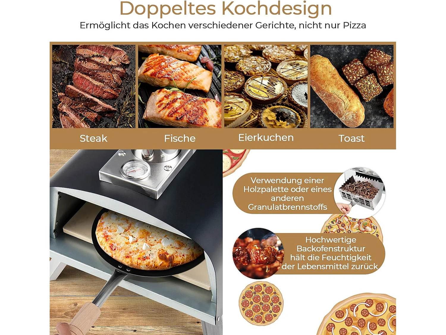 Pizza oven outdoor, draagbare pizza houtkachel incl. pizza schuiver en pizzasteen, gas & hout pizza oven voor tuin camping
