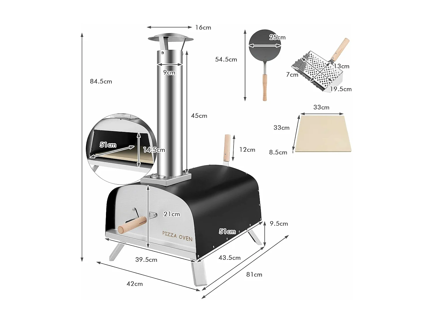 Pizza oven outdoor, draagbare pizza houtkachel incl. pizza schuiver en pizzasteen, gas & hout pizza oven voor tuin camping