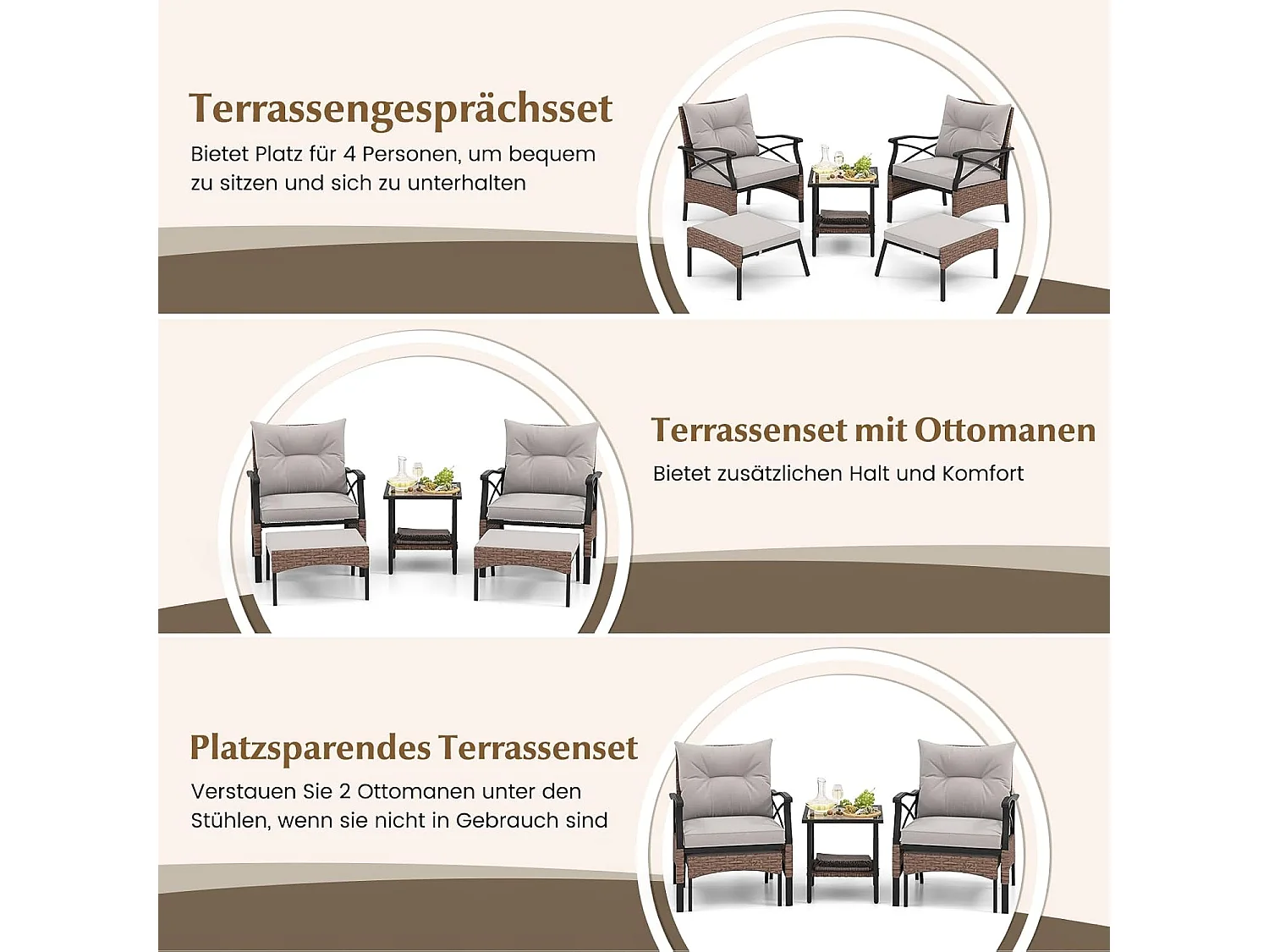 5-delige rotan tuinmeubelset, 2-traps bijzettafel, 2 stoelen met kruk, terrasmeubels, balkonmeubels 2 personen, tuingarnituur incl. zitkussens en rugkussens ZB33798