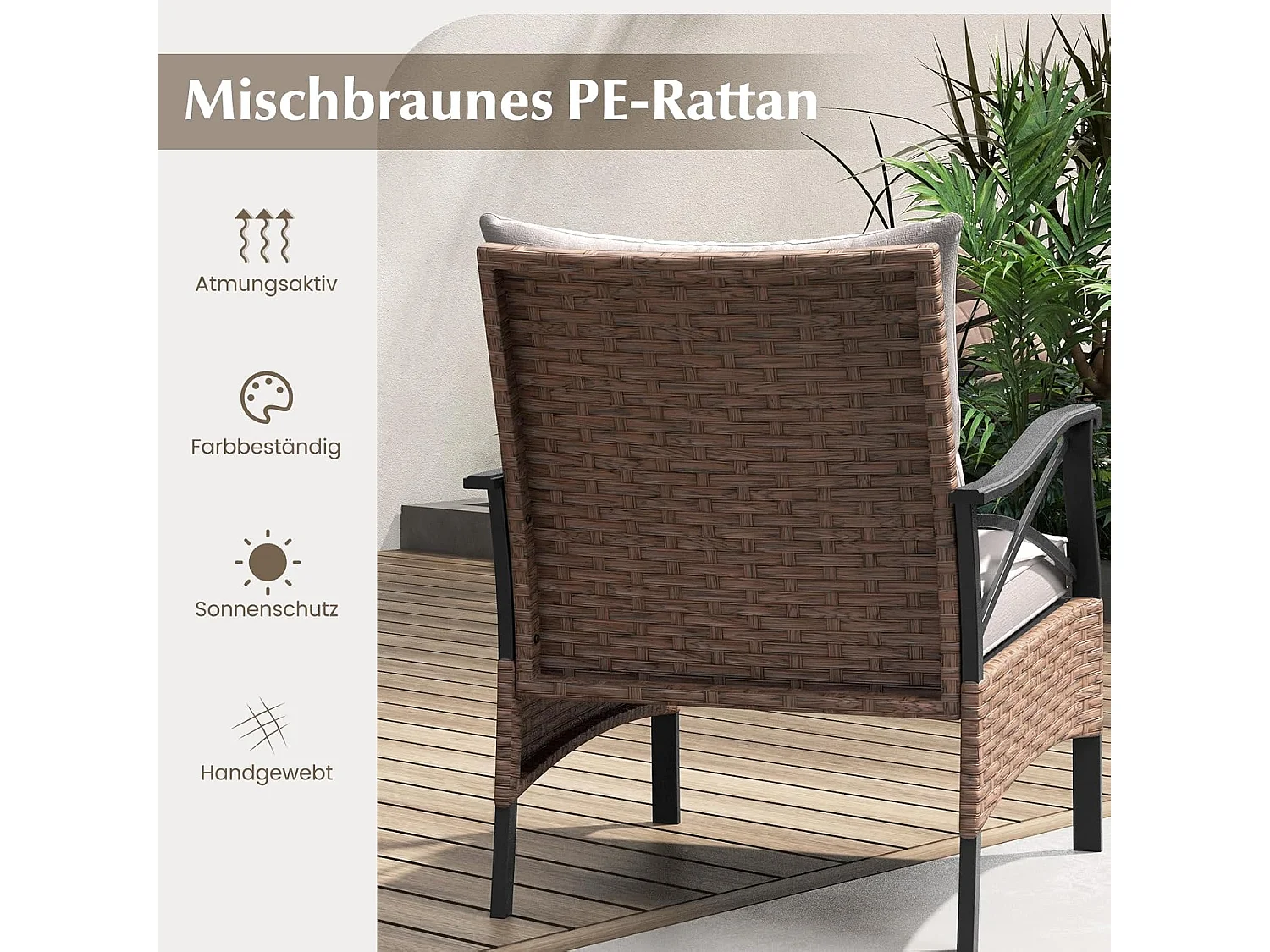 5-delige rotan tuinmeubelset, 2-traps bijzettafel, 2 stoelen met kruk, terrasmeubels, balkonmeubels 2 personen, tuingarnituur incl. zitkussens en rugkussens ZB33798