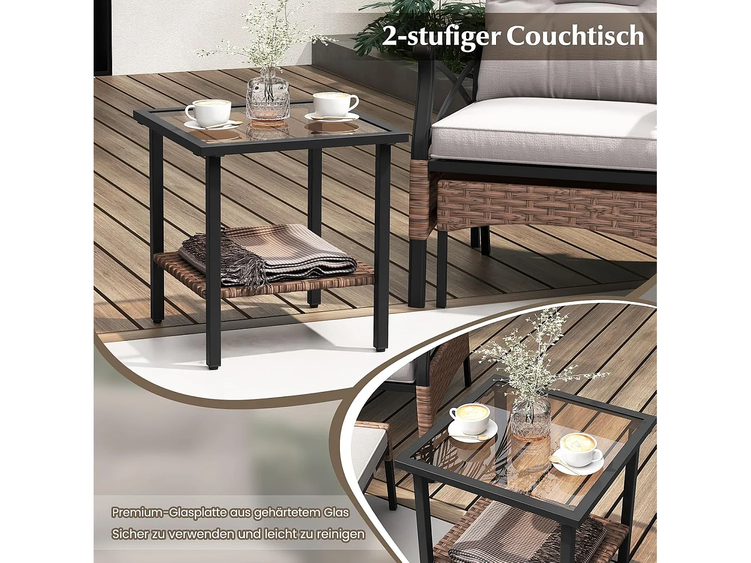 5-delige rotan tuinmeubelset, 2-traps bijzettafel, 2 stoelen met kruk, terrasmeubels, balkonmeubels 2 personen, tuingarnituur incl. zitkussens en rugkussens ZB33798