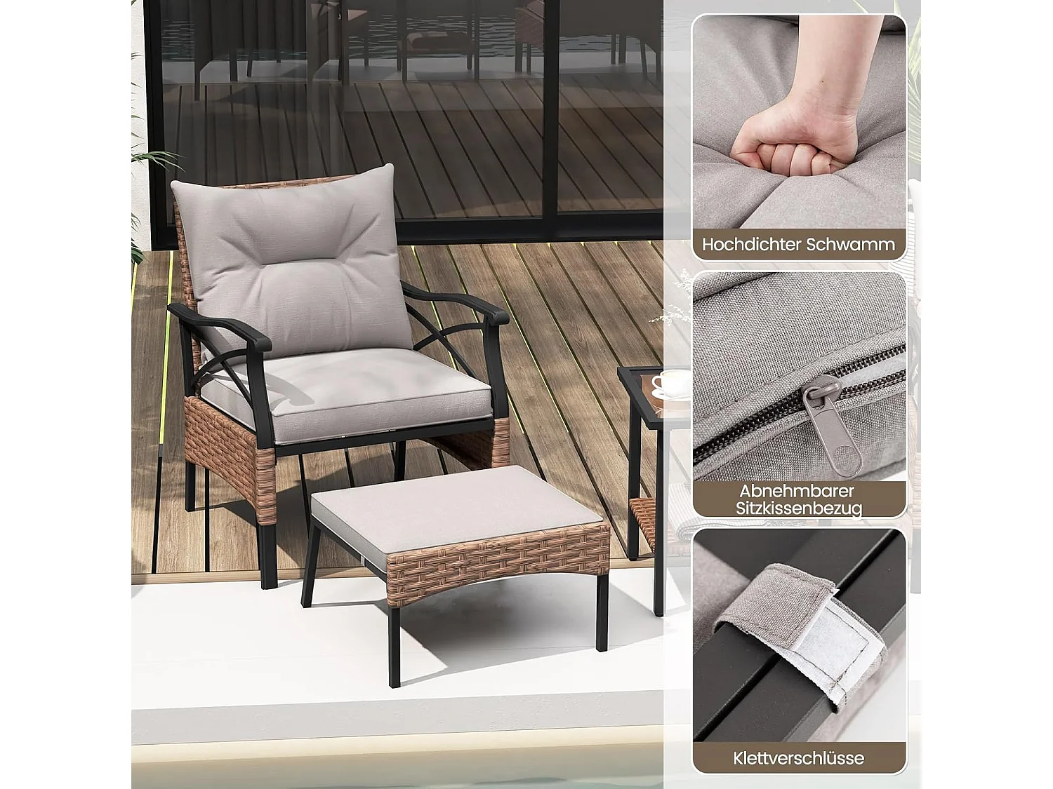 5-delige rotan tuinmeubelset, 2-traps bijzettafel, 2 stoelen met kruk, terrasmeubels, balkonmeubels 2 personen, tuingarnituur incl. zitkussens en rugkussens ZB33798