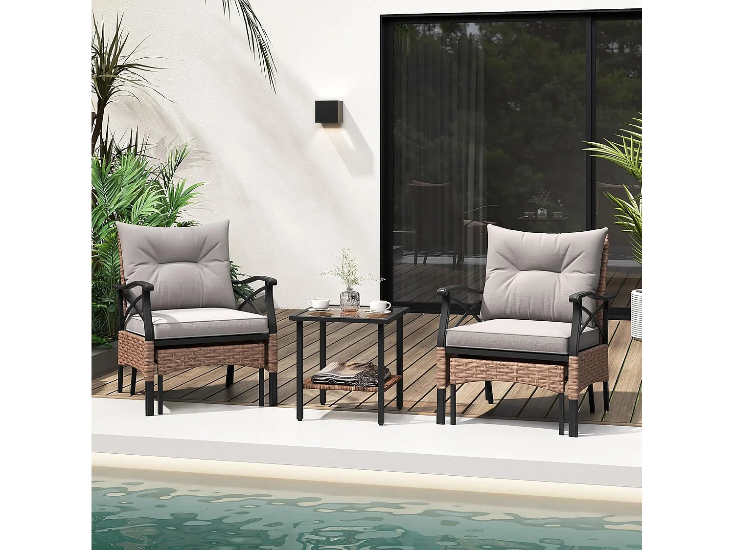 5-delige rotan tuinmeubelset, 2-traps bijzettafel, 2 stoelen met kruk, terrasmeubels, balkonmeubels 2 personen, tuingarnituur incl. zitkussens en rugkussens ZB33798