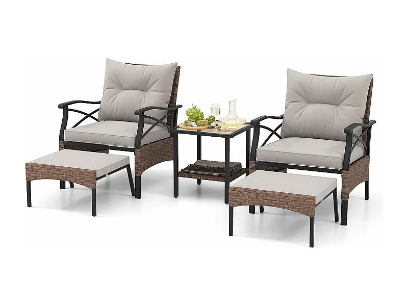 5-delige rotan tuinmeubelset, 2-traps bijzettafel, 2 stoelen met kruk, terrasmeubels, balkonmeubels 2 personen, tuingarnituur incl. zitkussens en rugkussens ZB33798