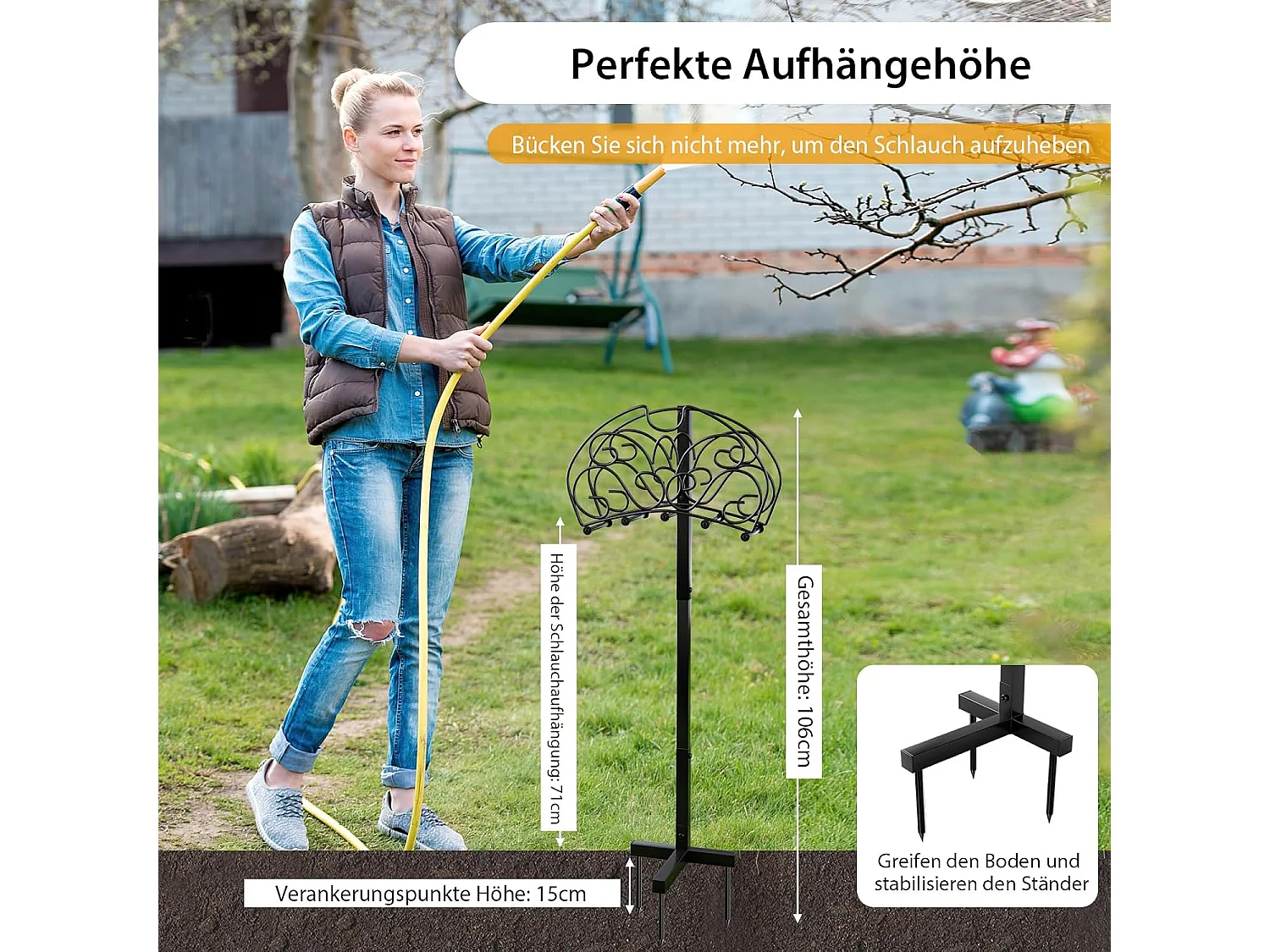 Vrijstaand, tuinslanghouder van metaal, afneembare slangstandaard met 3 ankerpunten voor tuin, waterslanghouder voor 45 m slang, zwart