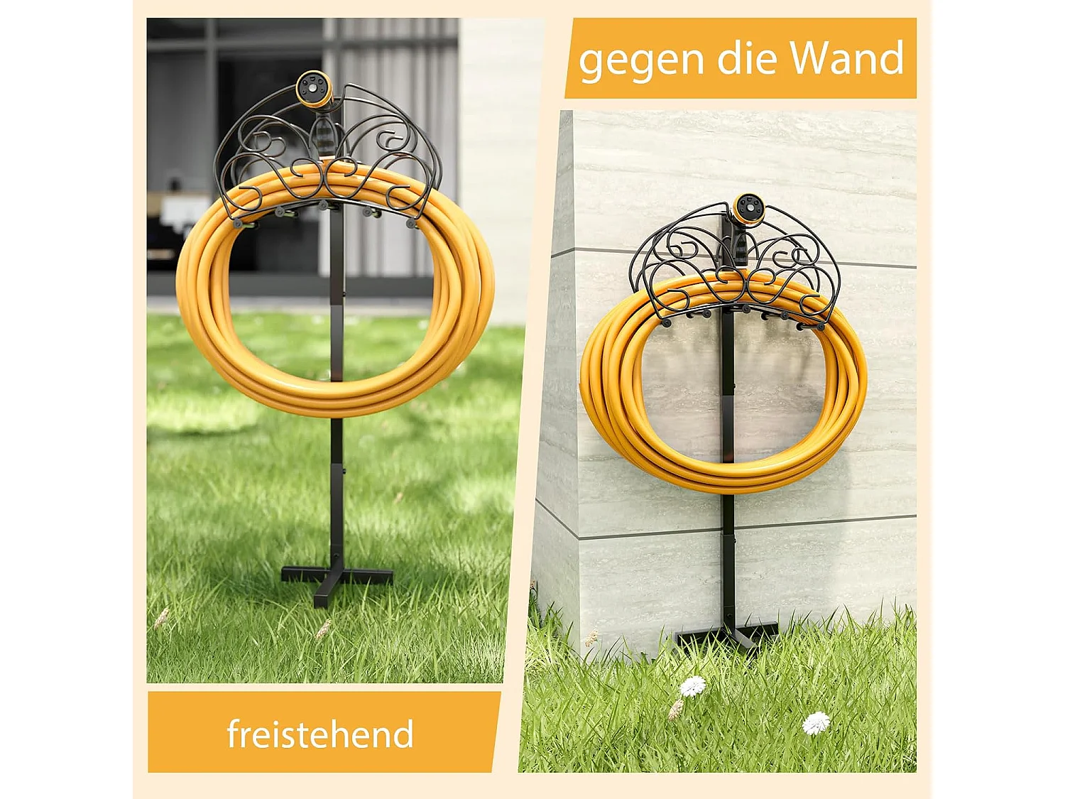 Vrijstaand, tuinslanghouder van metaal, afneembare slangstandaard met 3 ankerpunten voor tuin, waterslanghouder voor 45 m slang, zwart
