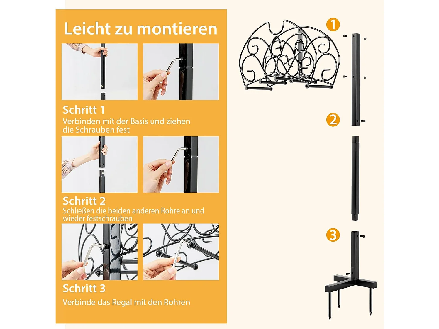 Vrijstaand, tuinslanghouder van metaal, afneembare slangstandaard met 3 ankerpunten voor tuin, waterslanghouder voor 45 m slang, zwart